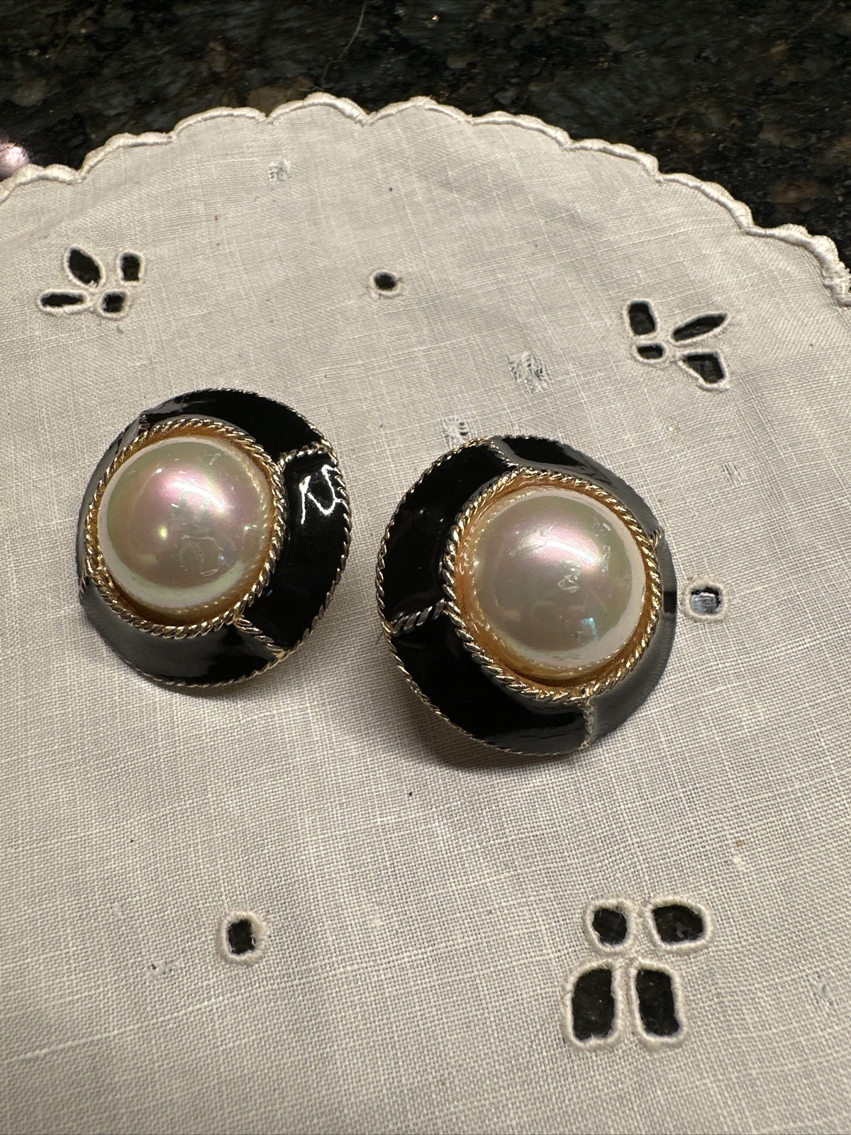 Vintage Gay Boyer Gold Black Enameled Pearl Clip-on Earrings