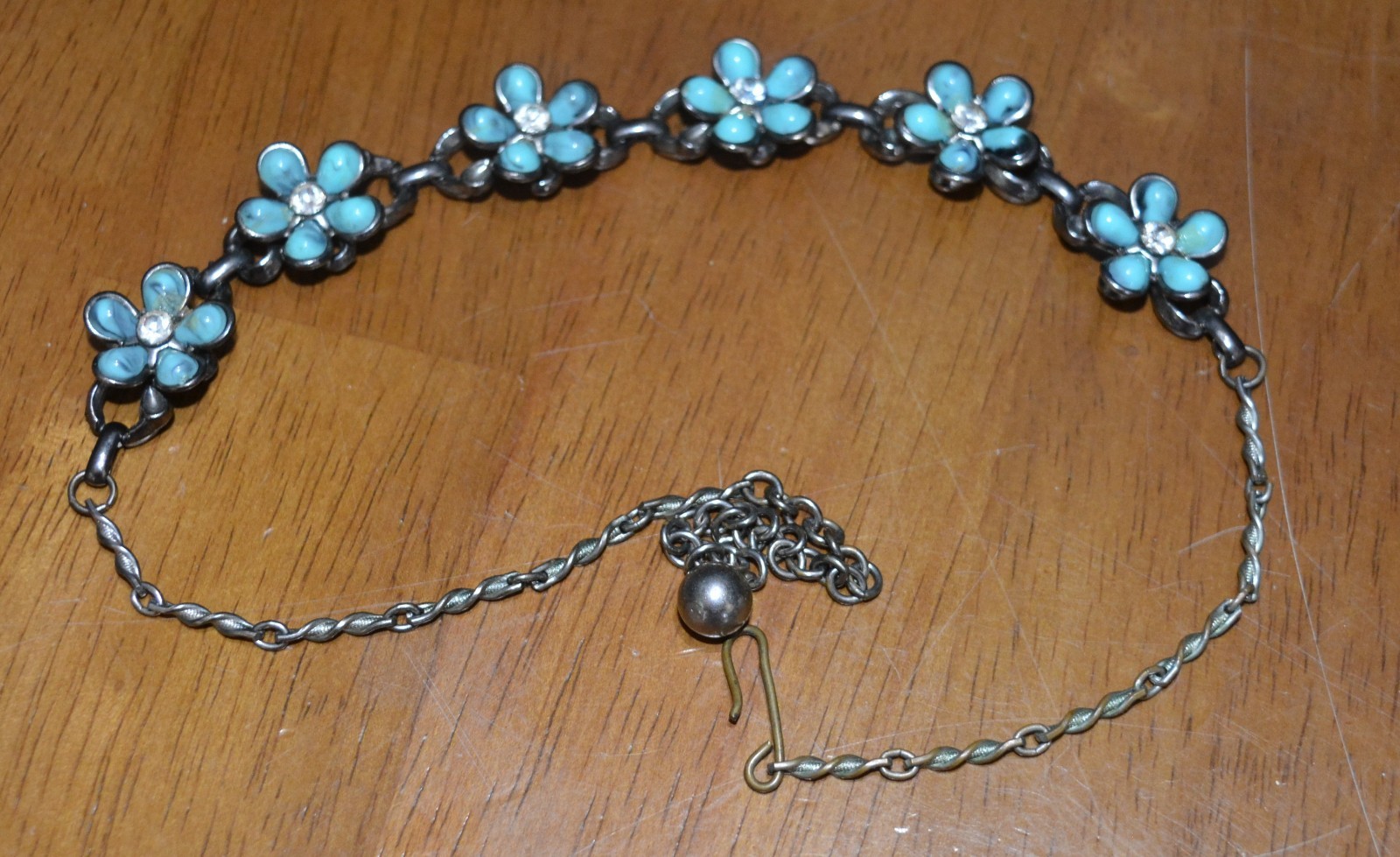 VTG Blue Opal Turquoise & Rhinestone Sterling Silver Bracelet & Necklace Choker