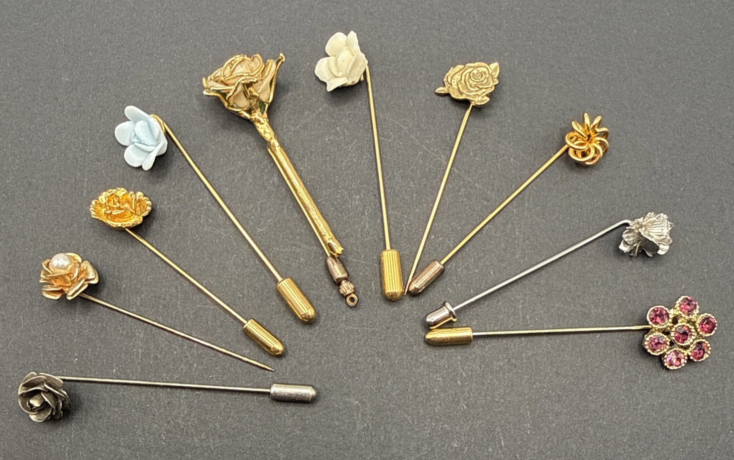 Lot Of Stick Pins – Spring Summer Flowers Metal Ceramic Rhinestone B7