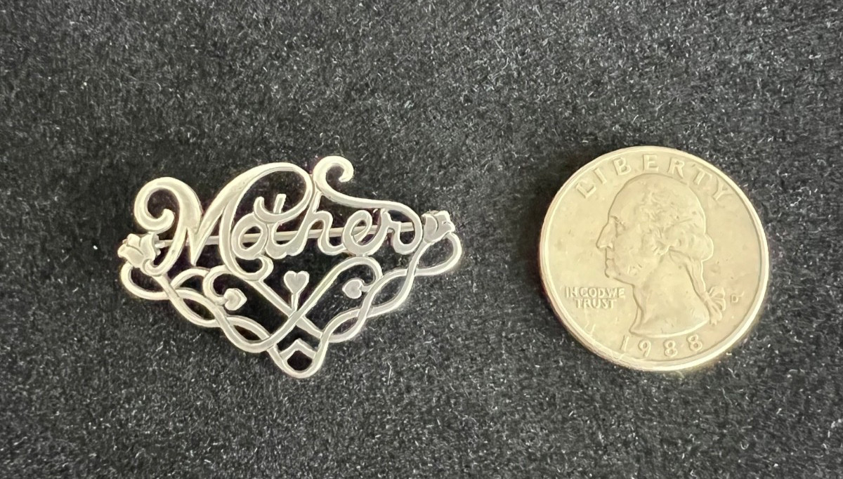 Vintage 925 silver “Mother” pin/brooch with flowers, hearts, and flourishes