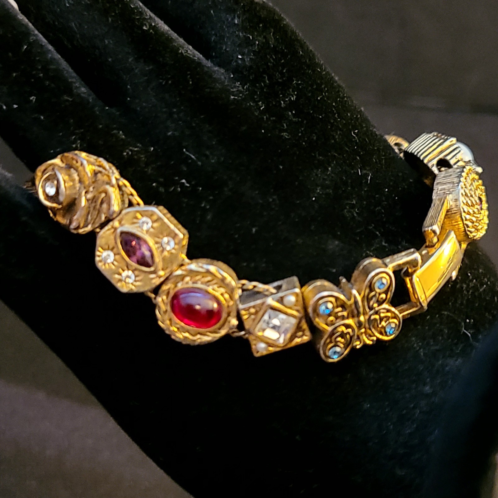 Vintage Victorian Gold Tone Slide Bracelet (14) Charms Mom Cameo Butterfly Heart
