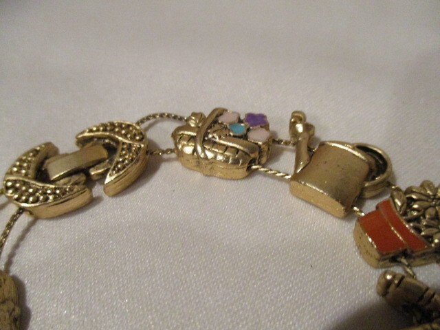 Vintage Brass & Enamel Gardening Slide Bracelet 7 1/4″ L x 3/4″ W
