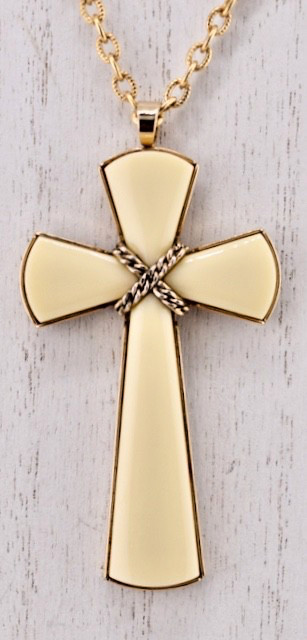 Vintage 1970’s Avon “Juliet” Cross Pendant Necklace Ivory Color, Gold Tone Chain