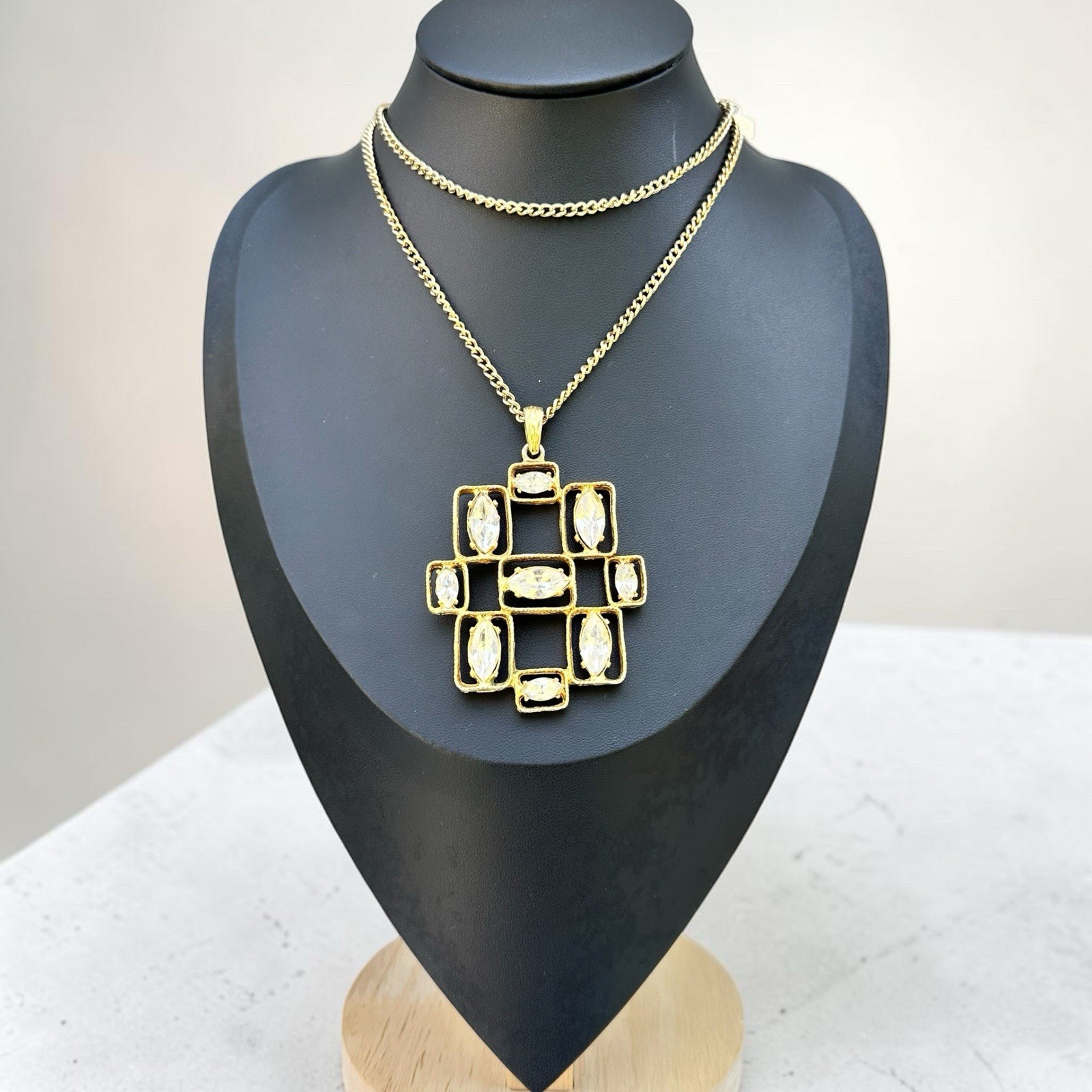 Geometric Mod Rhinestone Necklace Vintage Gold Tone Pendant Modernist Brutalist