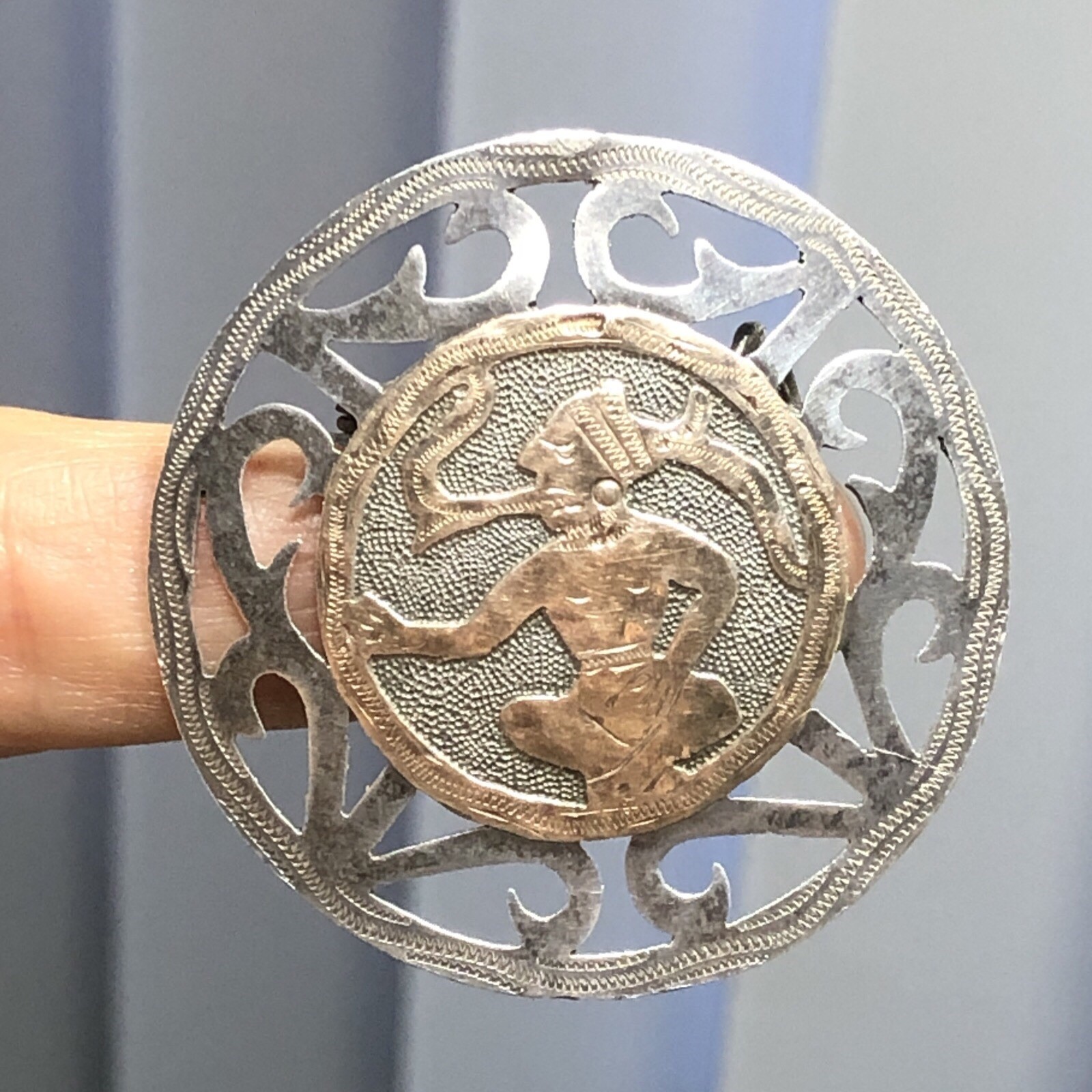 39. Vintage Old Tribal 925 Sterling Mayan Round Cut Out Pin Guatemala 45mm, 9g