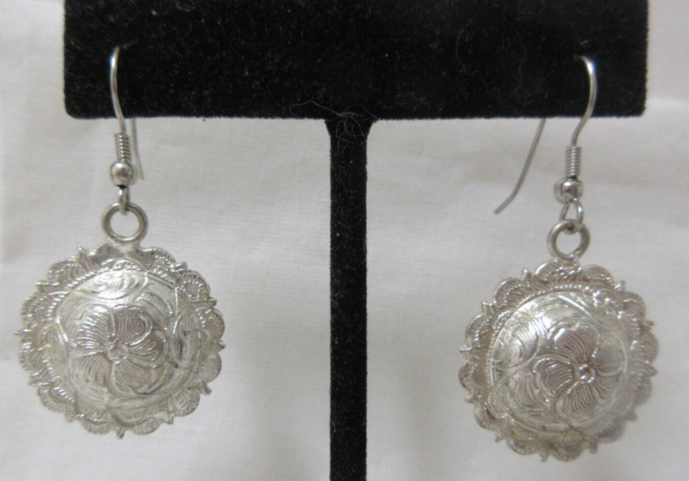 Vintage Silver Tone Etched Flower Dangle Pierced Earrings