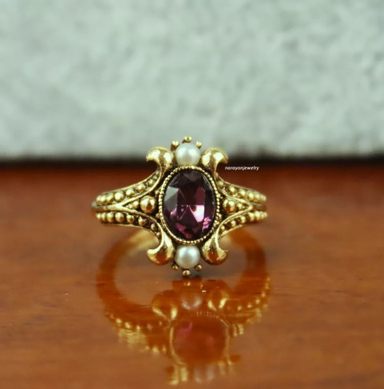 Edwardian 3Ct Oval Cut Purple Rhodolite Women’s Ring 14K Yellow Gold Plated