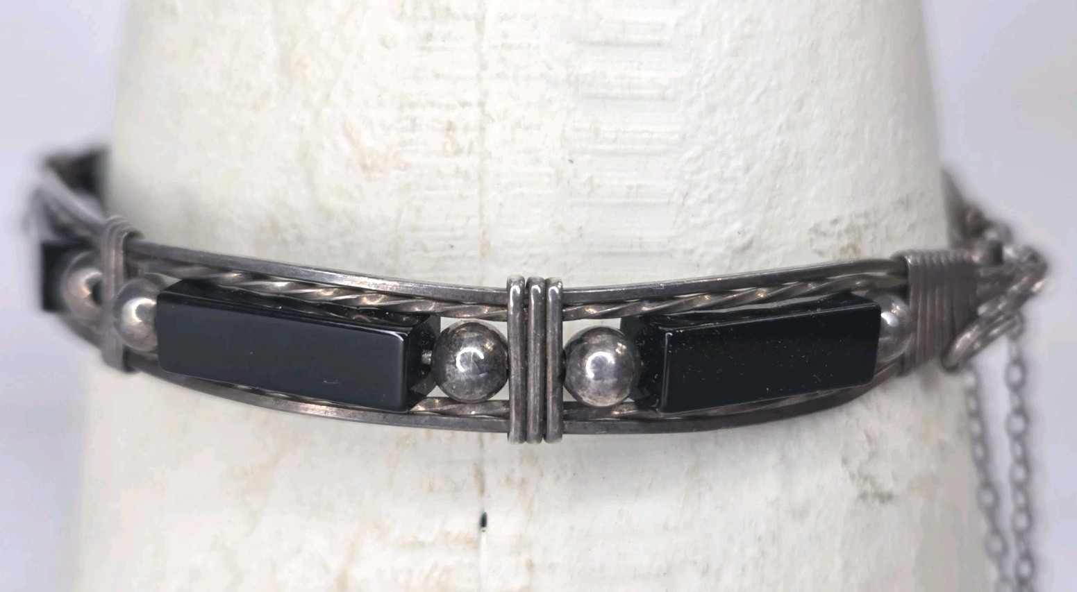 Vintage Sterling Silver Black Onyx Wire Wrapped Link Bracelet