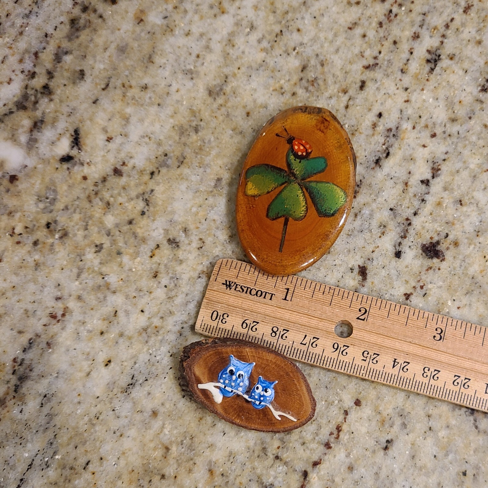 Vintage-Hand Painted Lady Bug & Owl Wood Brooch. Set of 2 Earthy Boho Nature