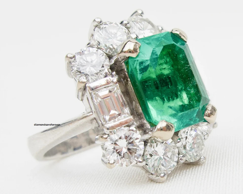 Elegant Vivid Green 3.33CT Colombian Emerald With 2.60CT White CZ Halo Fine Ring