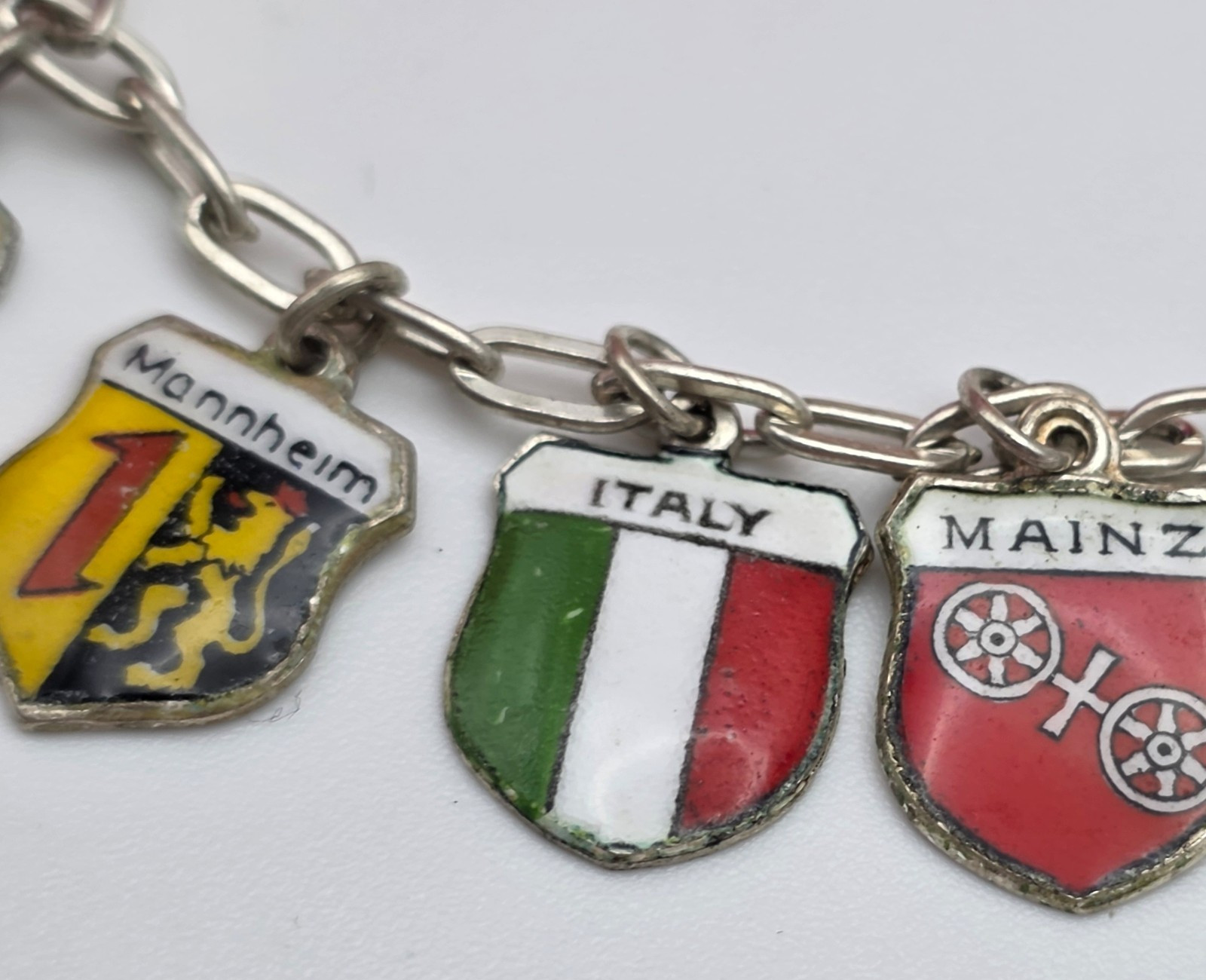 Vintage 800 Silver Enamel Travel Shield Charm Bracelet Germany Italy ANTIKO 7″