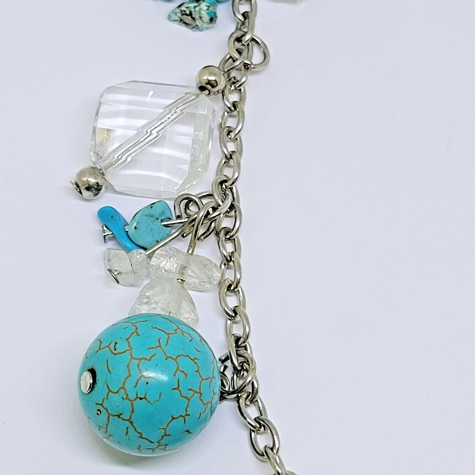 Vintage Estate Silver Tone Faux Turquoise Charm Station Statement Necklace ~ 28″