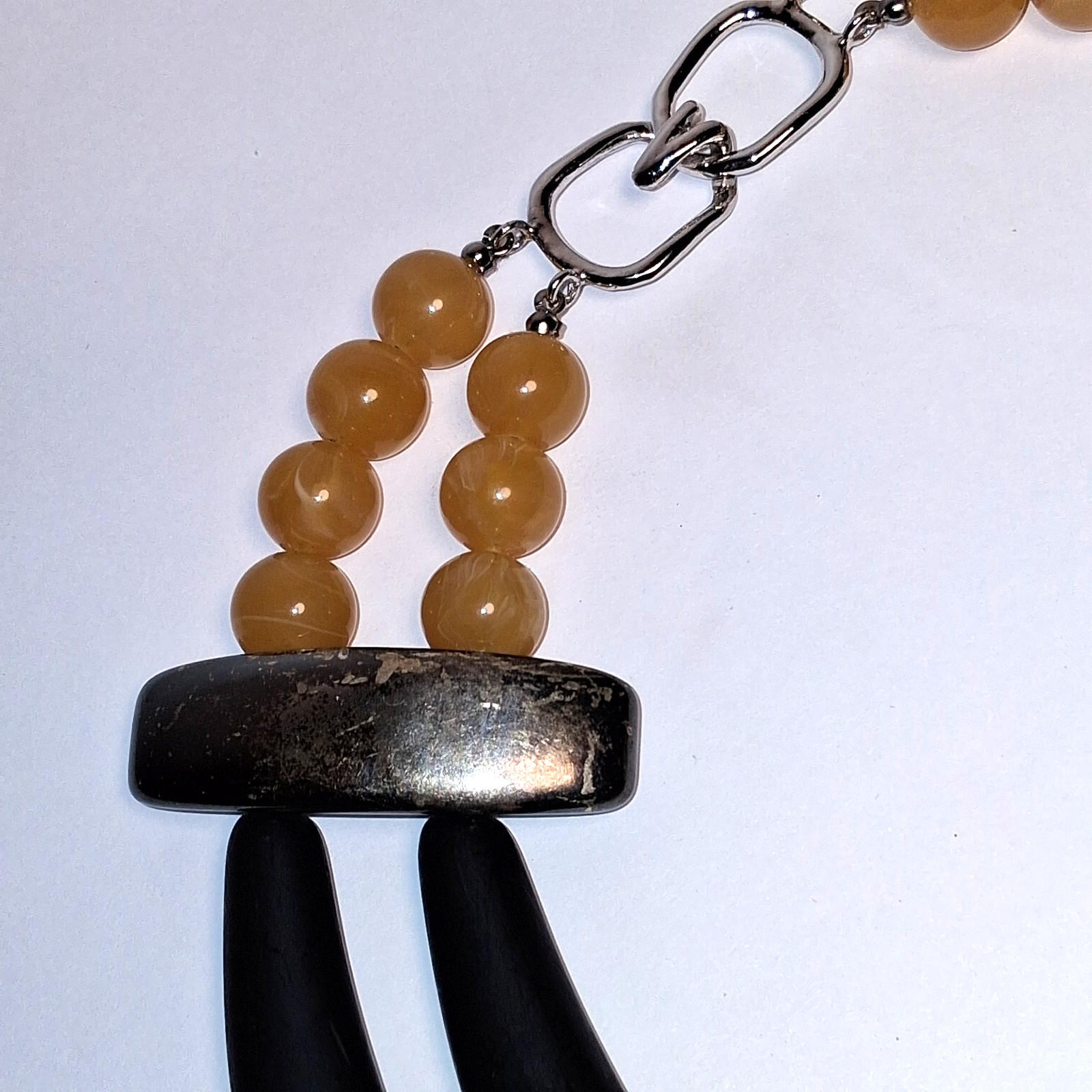 Vintage Les Bernard Double Strand Faux Horn Runway Necklace Black & Amber Resin