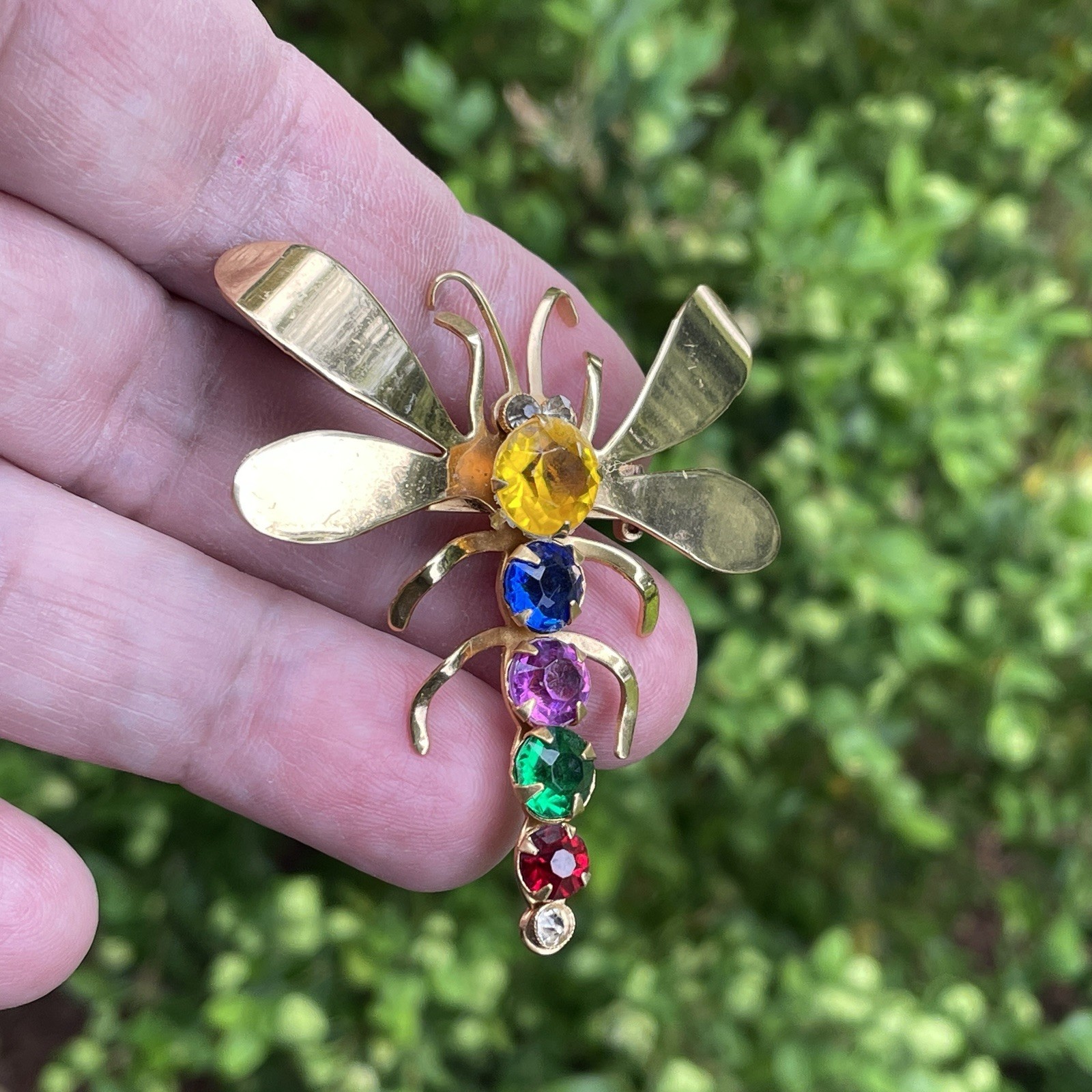 Vintage Coro Dragonfly Brooch Multi Color Rhinestone Bug Rainbow Signed Pin
