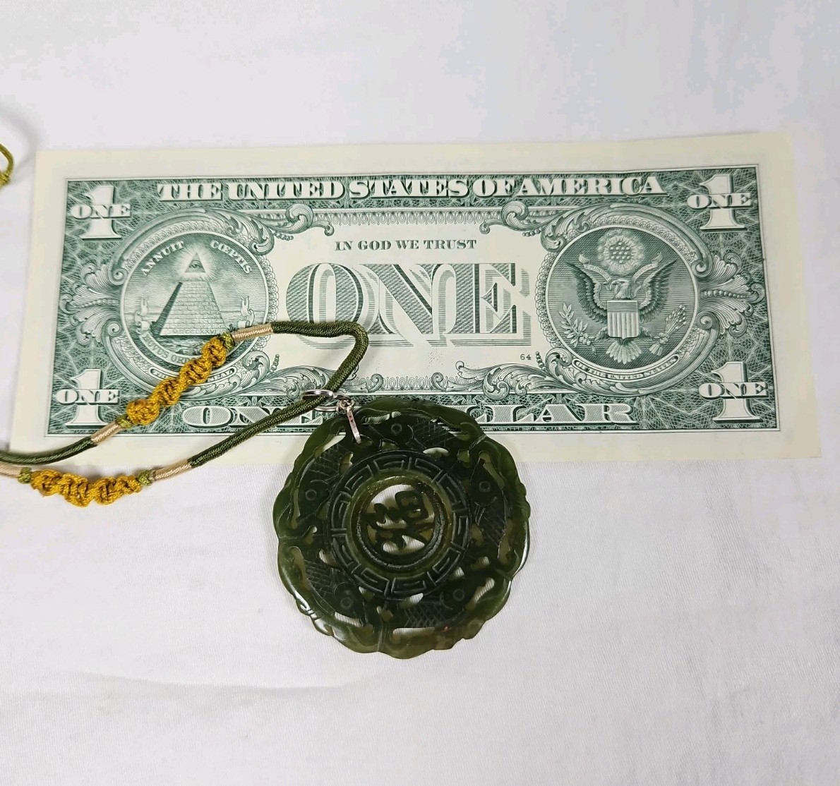 Asian Carved Stone Necklace Fish Prosperity Spinner Center Green Jade Jadeite