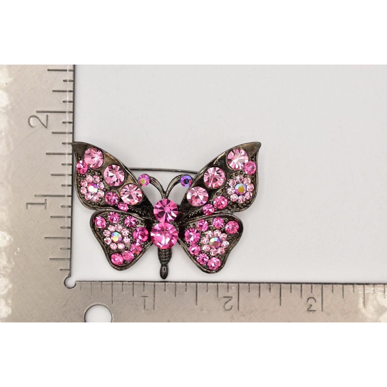 Vintage Crystal Butterfly Pin Brooch Pink Rhinestone Gunmetal Sparkling 90s Bin4