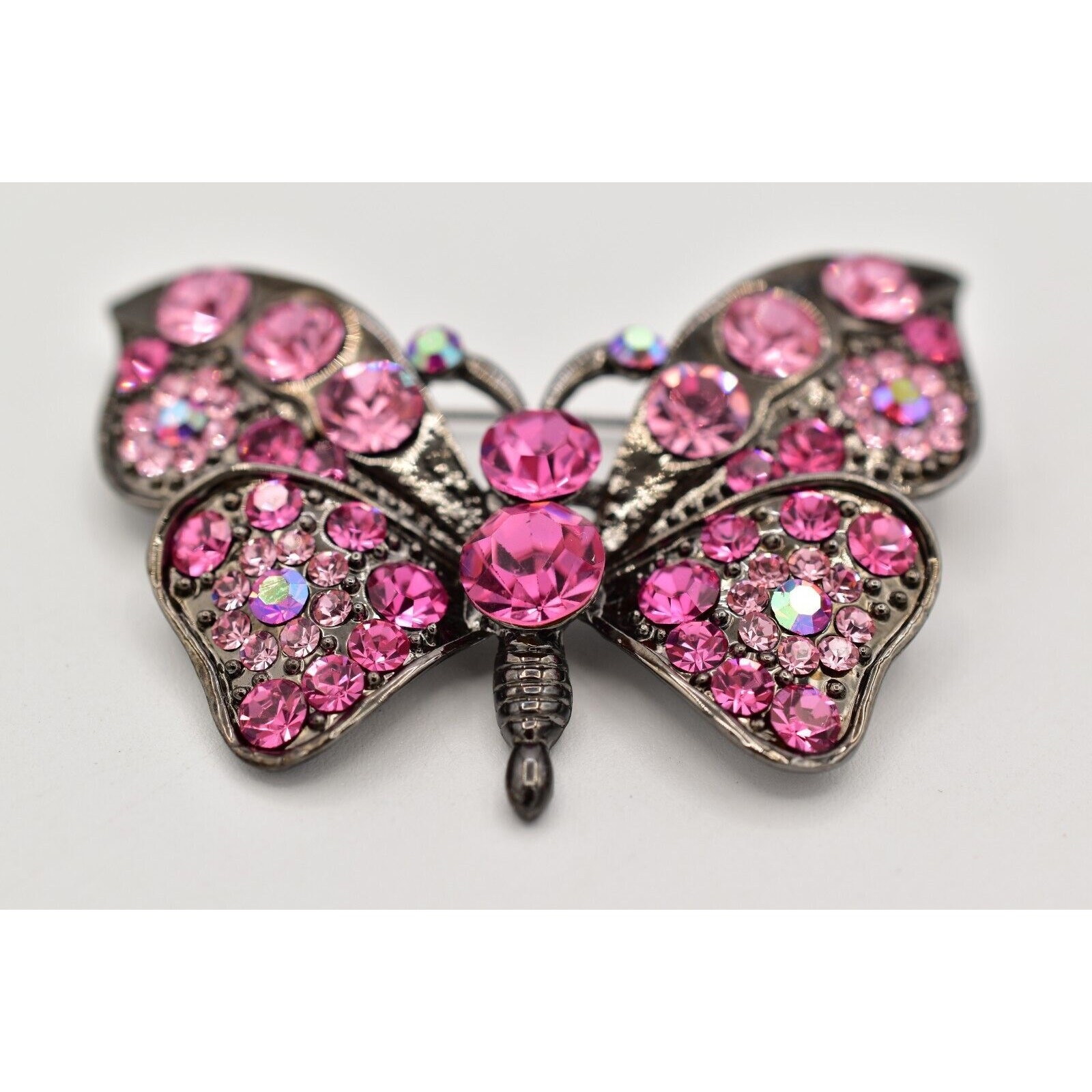 Vintage Crystal Butterfly Pin Brooch Pink Rhinestone Gunmetal Sparkling 90s Bin4