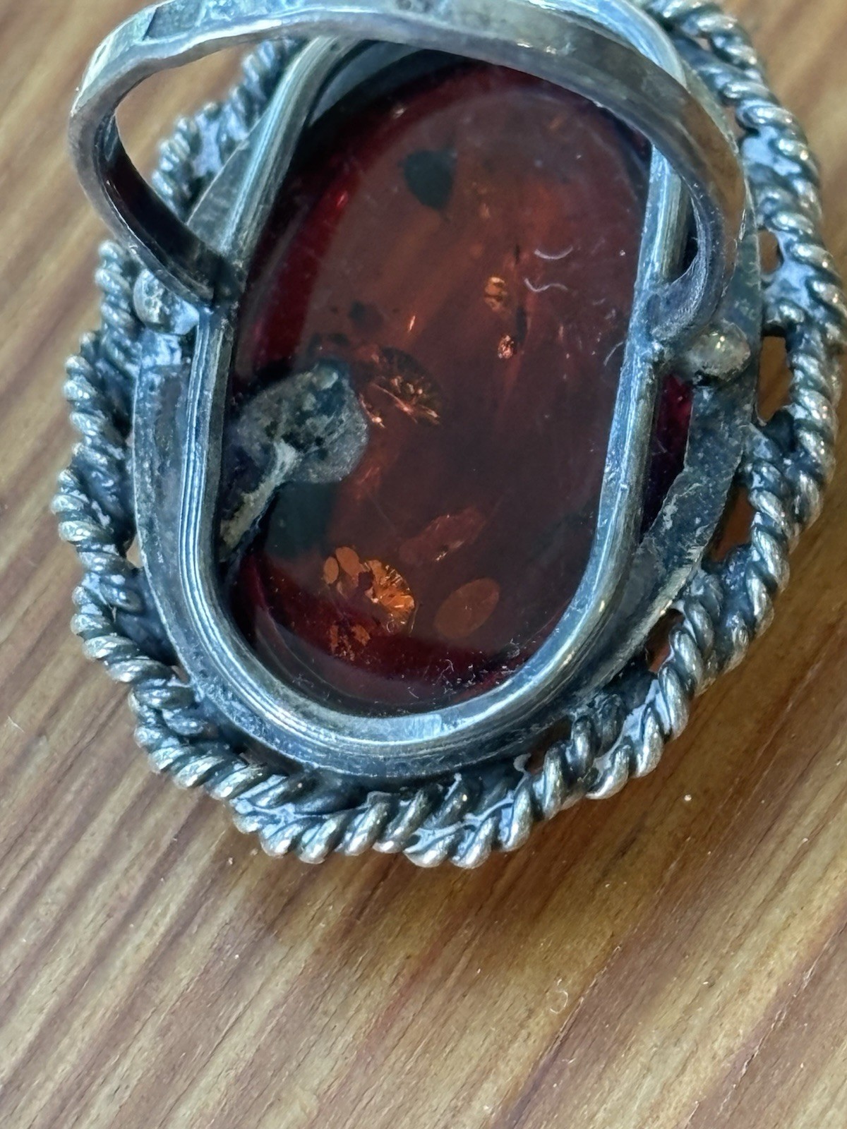 Vtg. HALLMARKED 925 Head Facing Right STERLING SILVER AMBER RING Hand Made 7.75