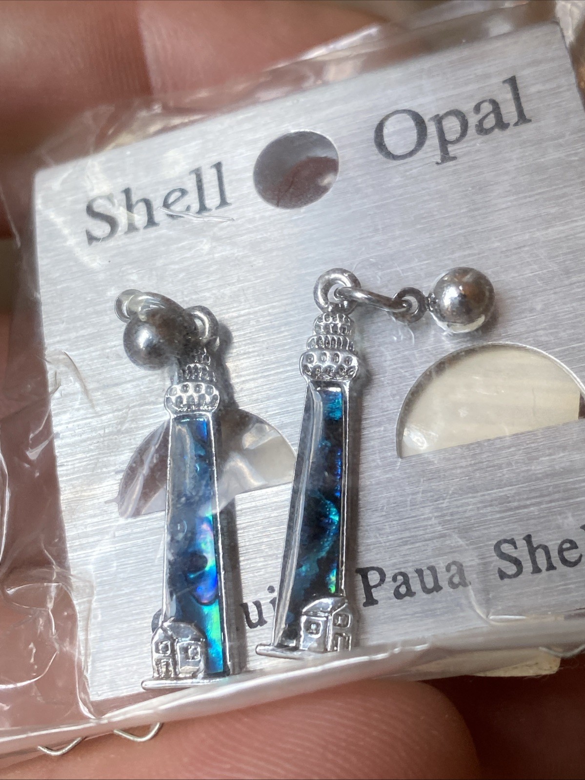 LIGHTHOUSE Blue Paua Shell Dangle Earrings Abalone Inlay Silver Tone Pierced NEW