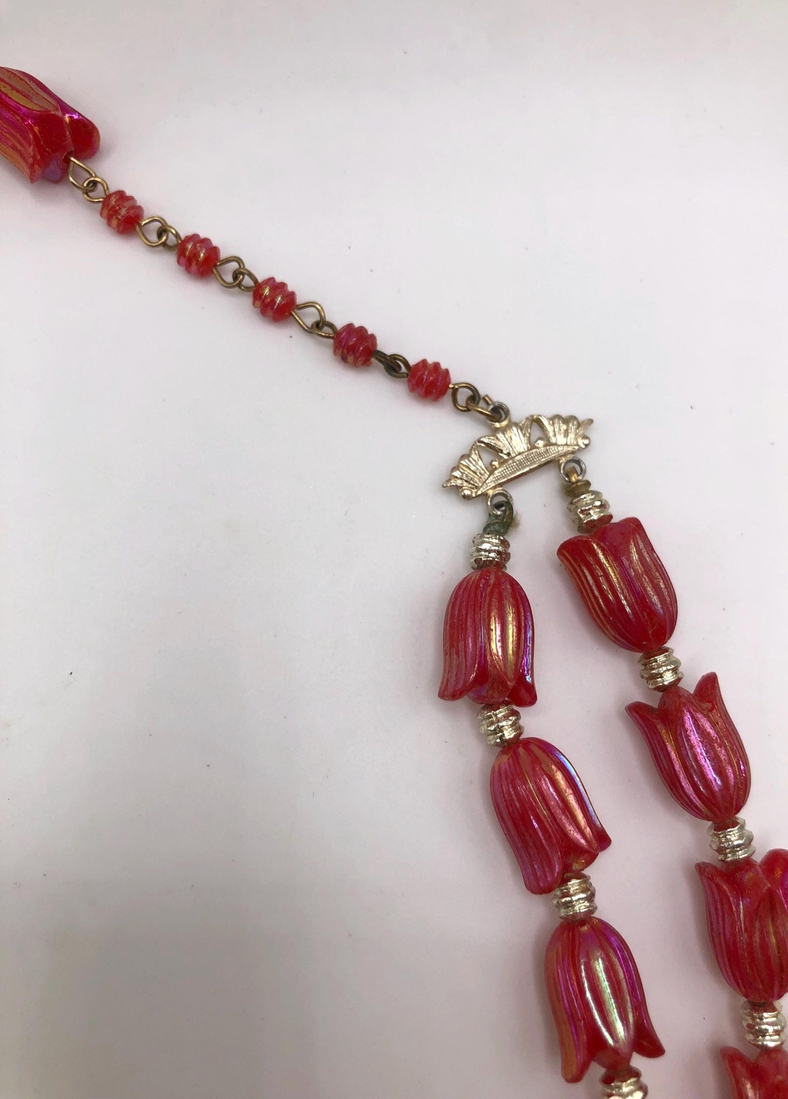 Vintage red iridescent tulip bead two strand necklace and earrings