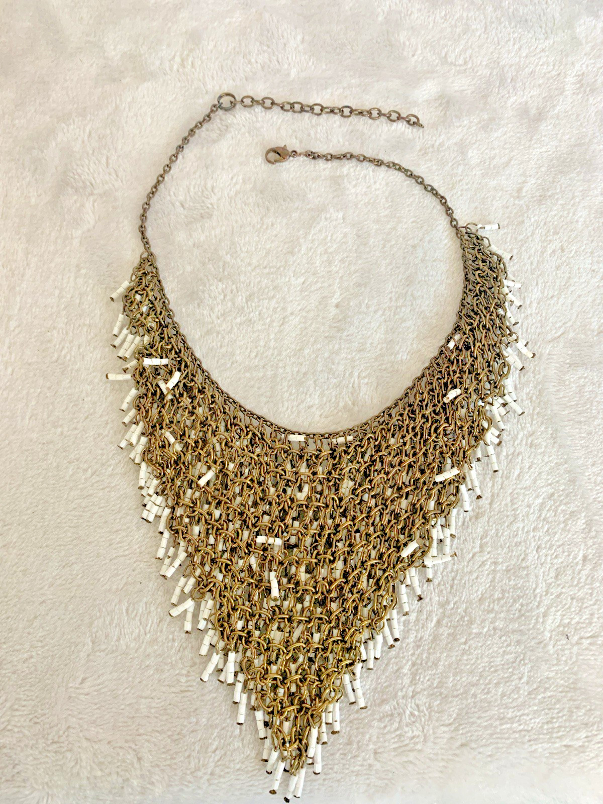 Vintage Beaded Fringe Bib Necklace White Bugle Bead Cascade Statement