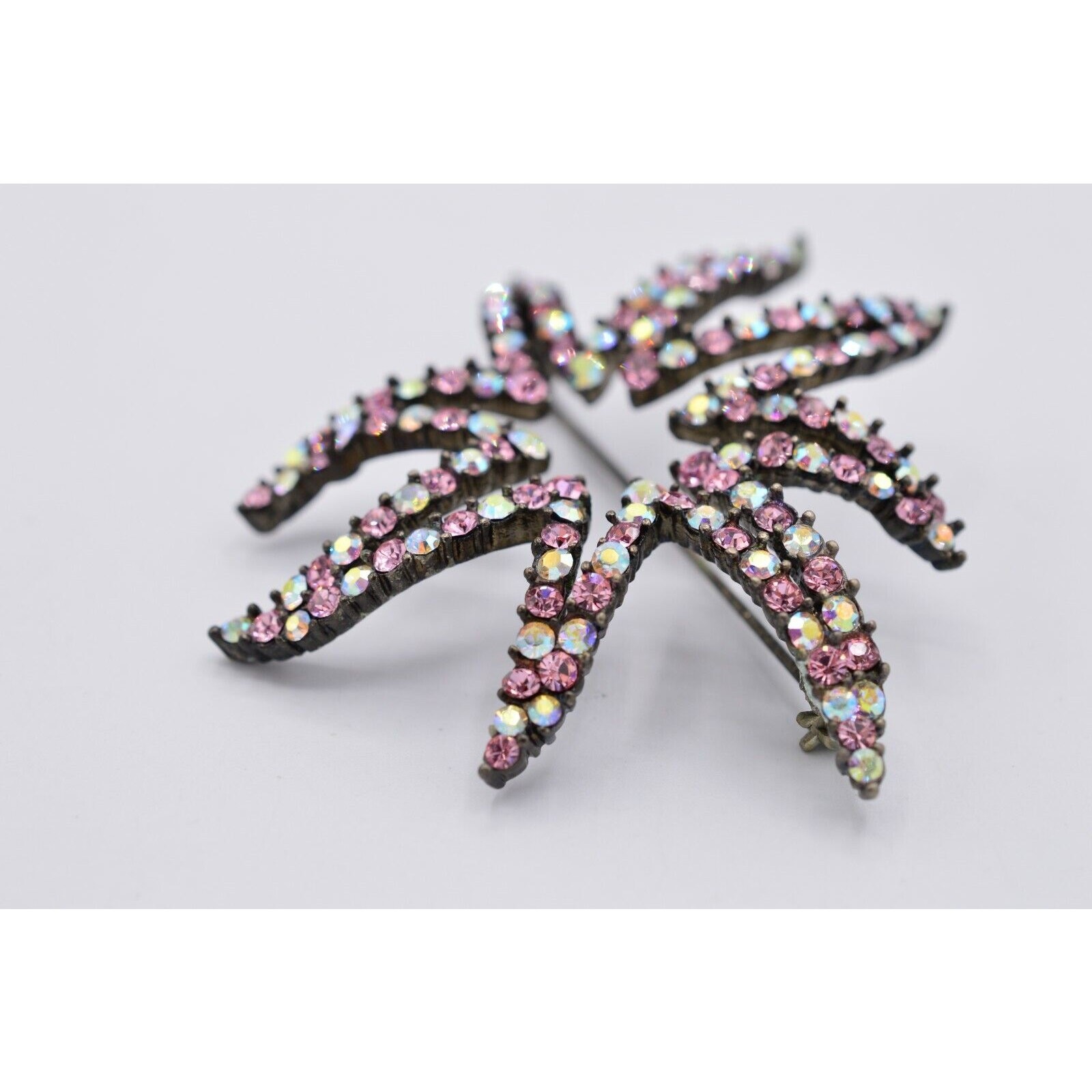 Givenchy Vintage Crystal Flower Star Pin Brooch AB Pink Gunmetal Signed 80s Bin8