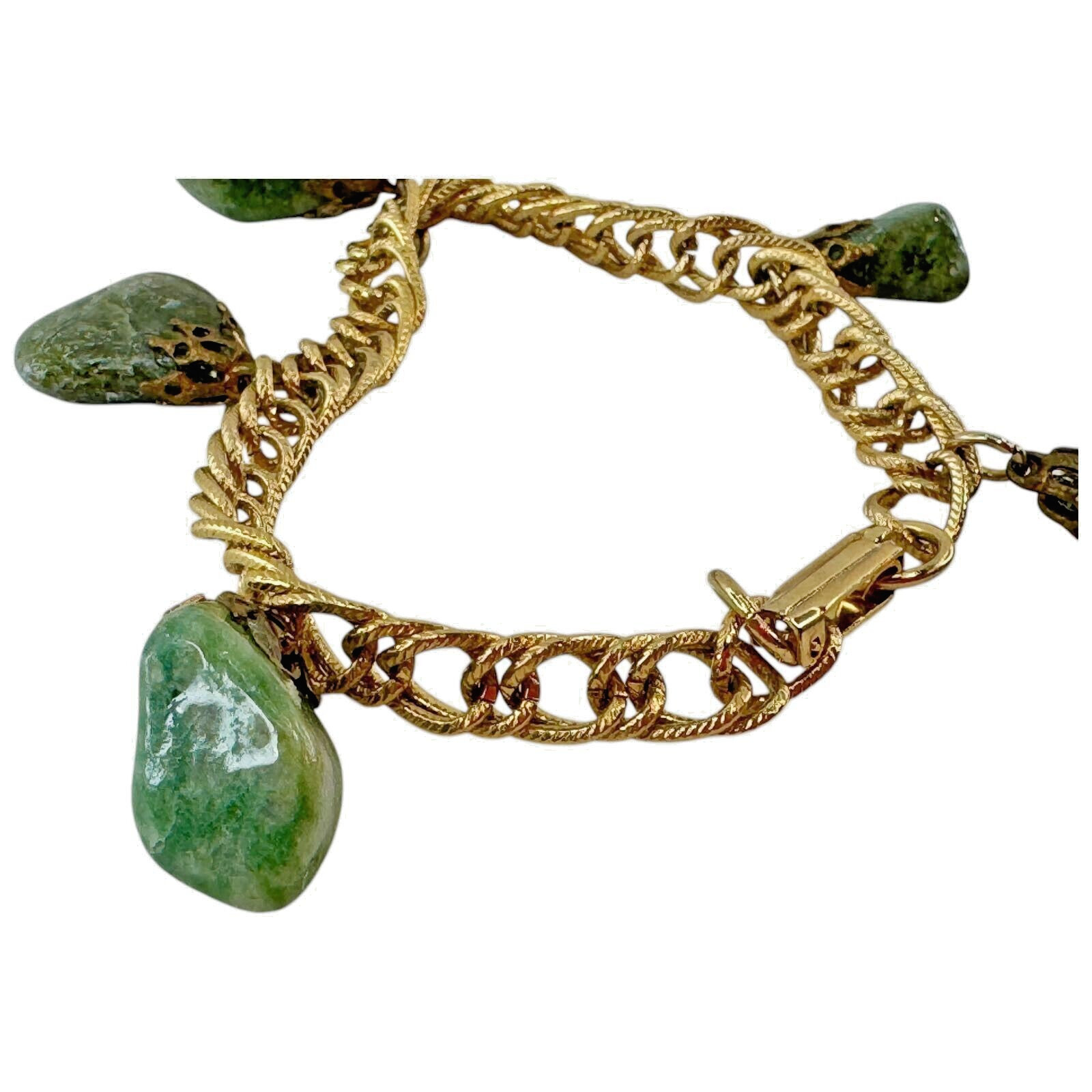 Vintage Epidote Polished Jadeite Stone Womens Chain Bracelet Green Gold Tone