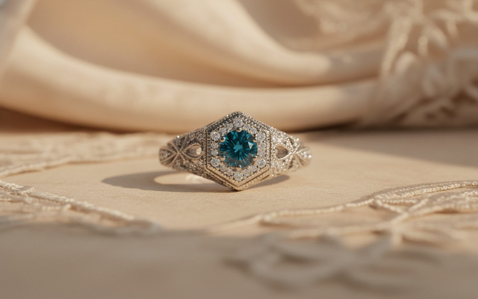 Filigree Art Deco Vintage Inspire Classic Wedding Ring 925 Silver Aquamarine CZ