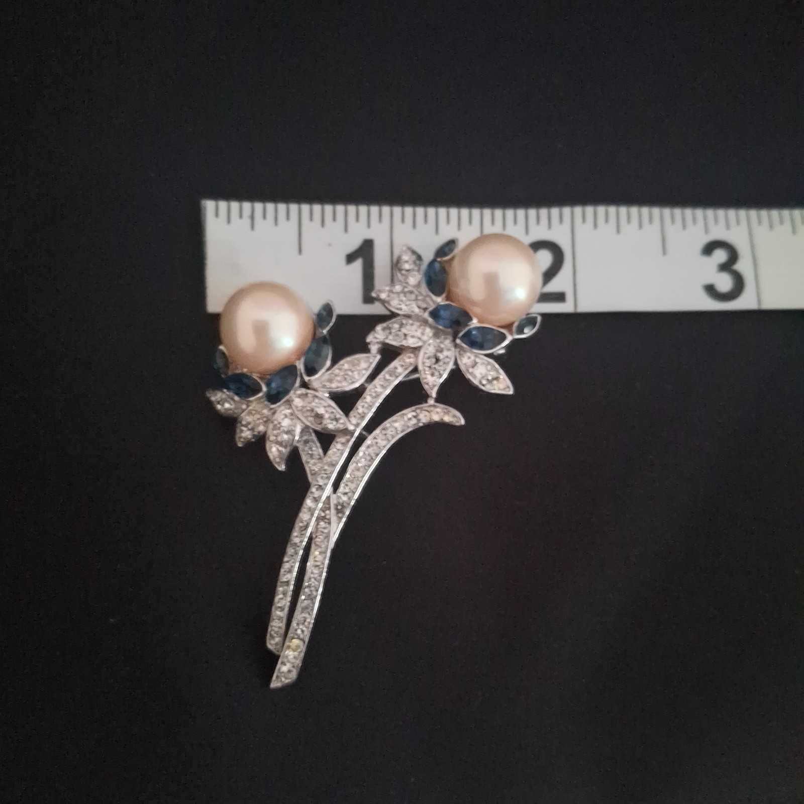 Vintage TRIFARI Silver tone Pearls Blue Crystals Flowers Pin Brooch