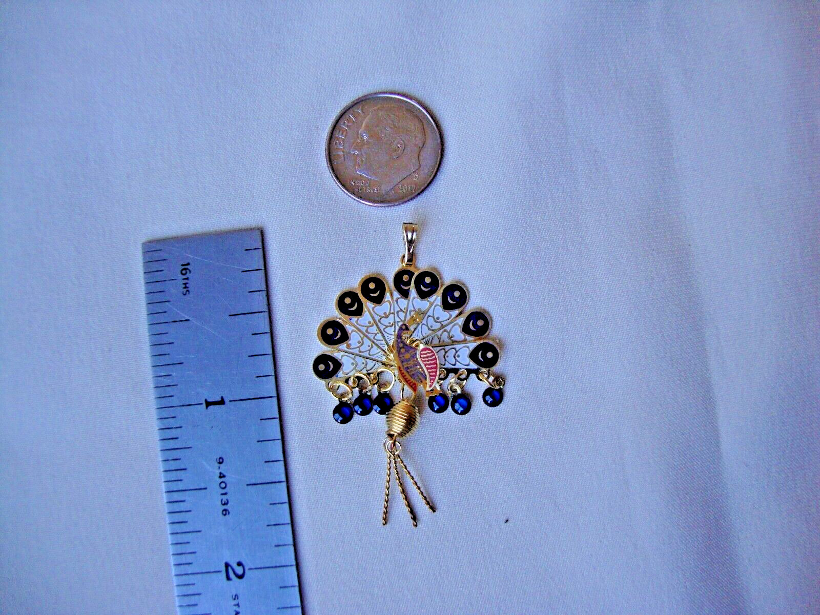 Vintage Folding Peacock Fan Purple Red Blue & White Enamel Gold Plated Pendant