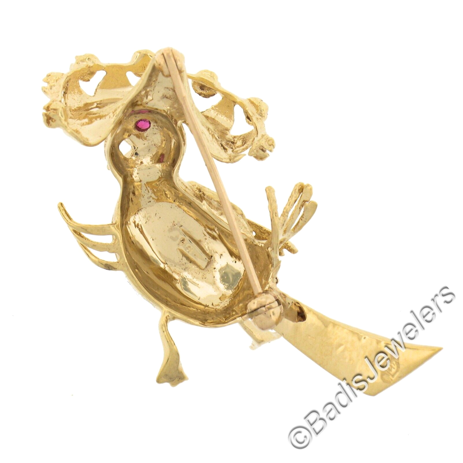 Vintage 14K Gold 3D Detailed Textured Bird with Hat Pin Brooch w/ .04ctw Ruby