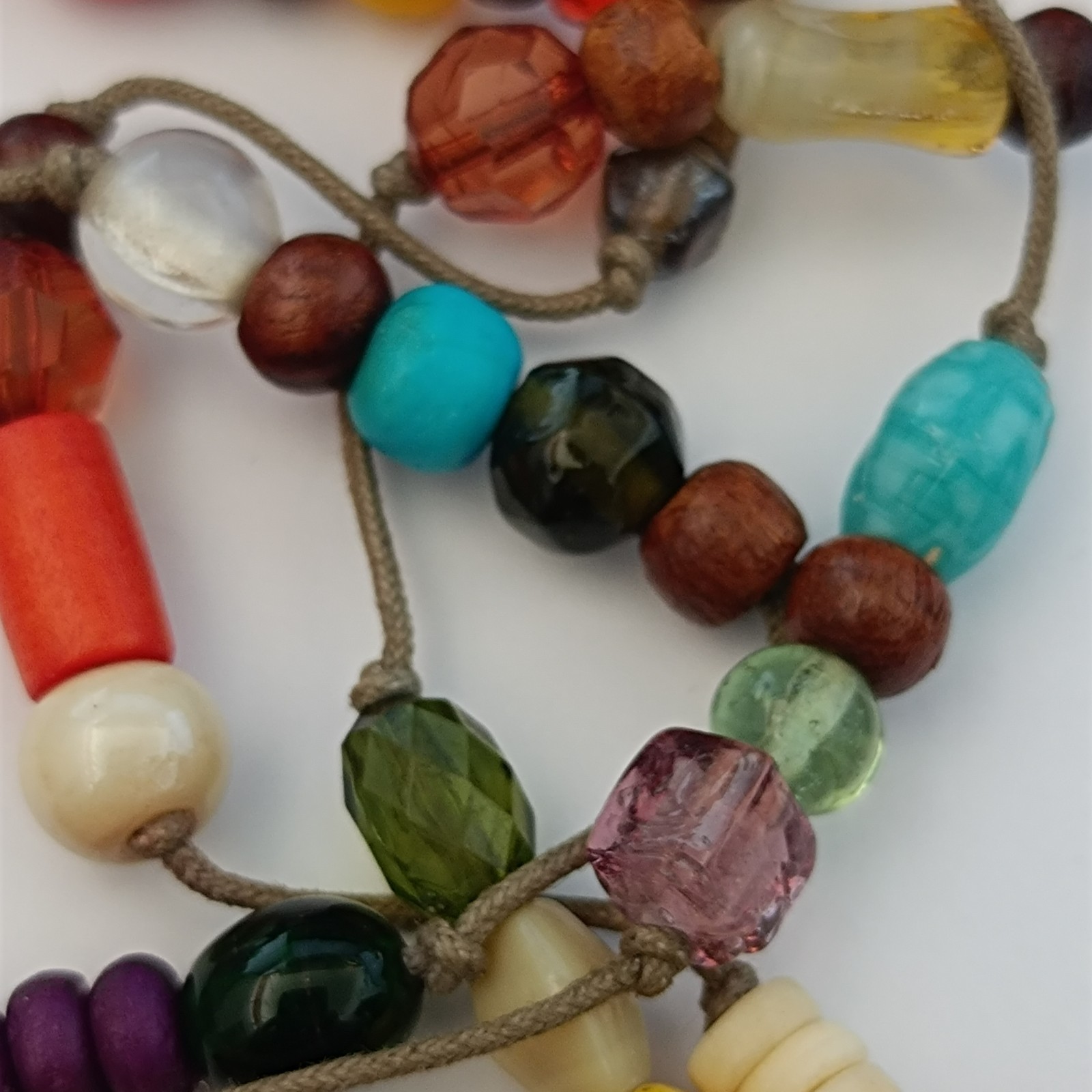 Vintage Long Boho Lariat Necklace Mixed Beads Glass Ceramic Wood Knotted Station