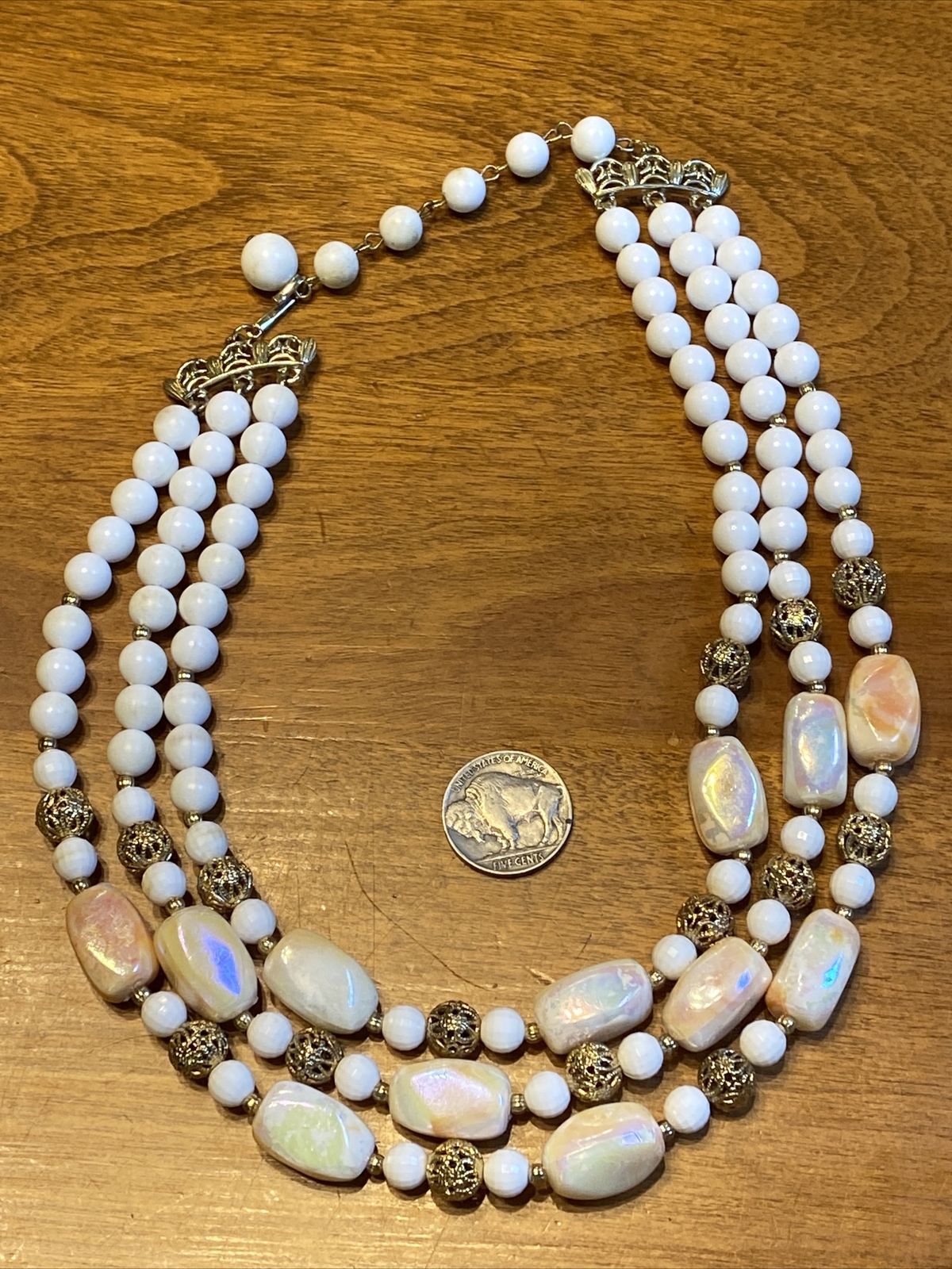 VNTG Signed CORO Triple-Strand OPALESCENT Enamel Beads Filigree Necklace Choker