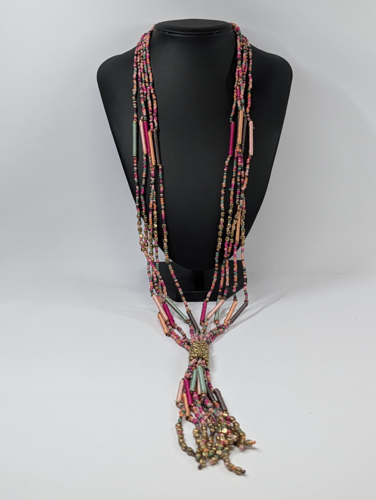 Vintage Indian Artisan Multi Strand Seed Bead Tassel Lariat Necklace Thread Wrap