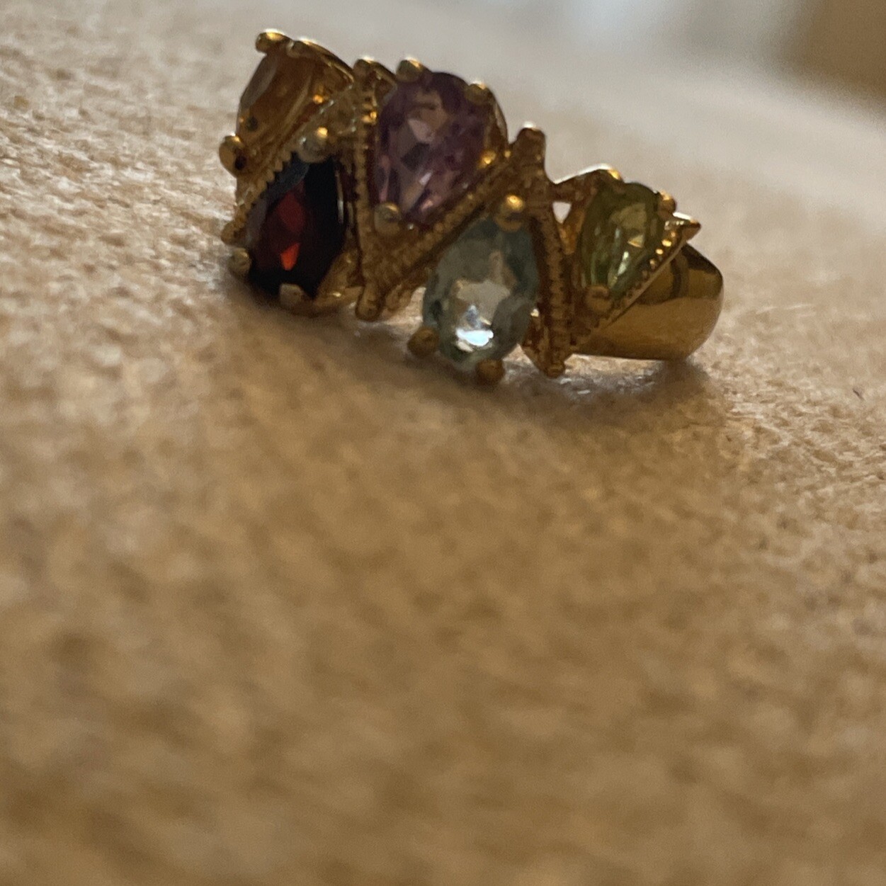 Vintage HSN Gold-Tone Ring 6 Multicolor Pear Cut Zig Zag CZ Stones Cluster