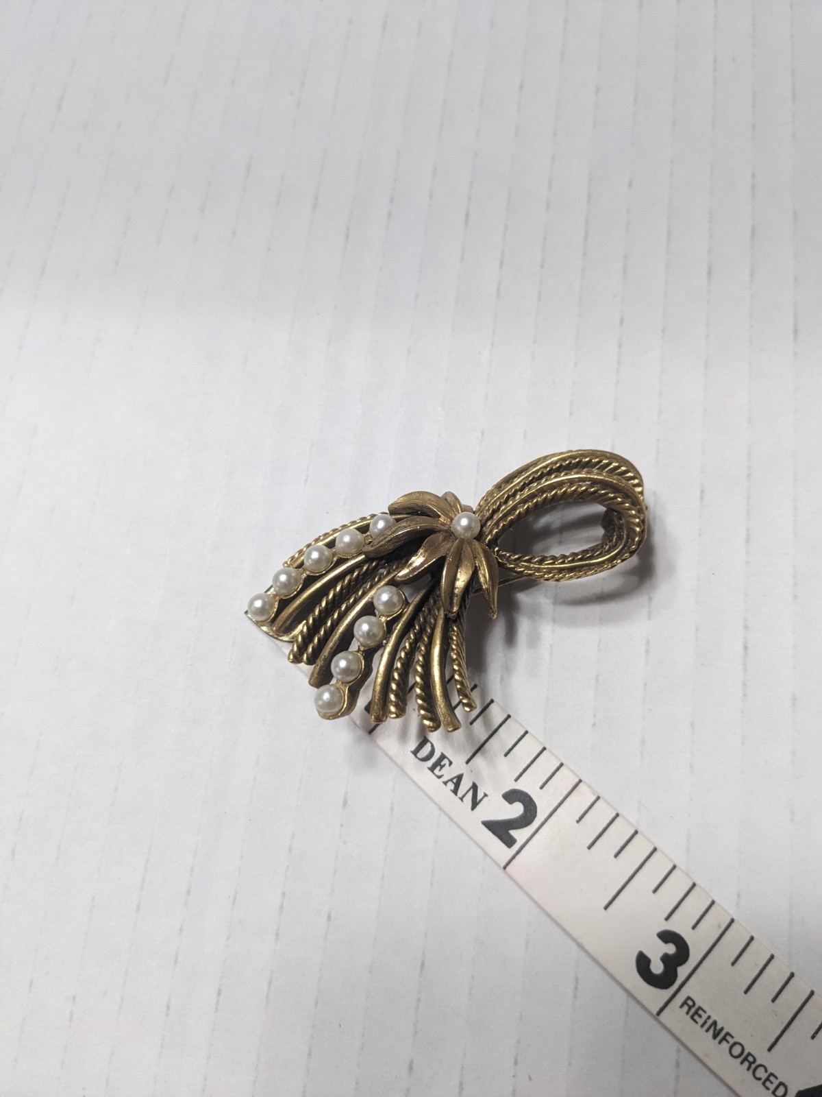 Vintage Gold Tone Bow Brooch with Faux Pearls and Rollover Safety Clasp Chic