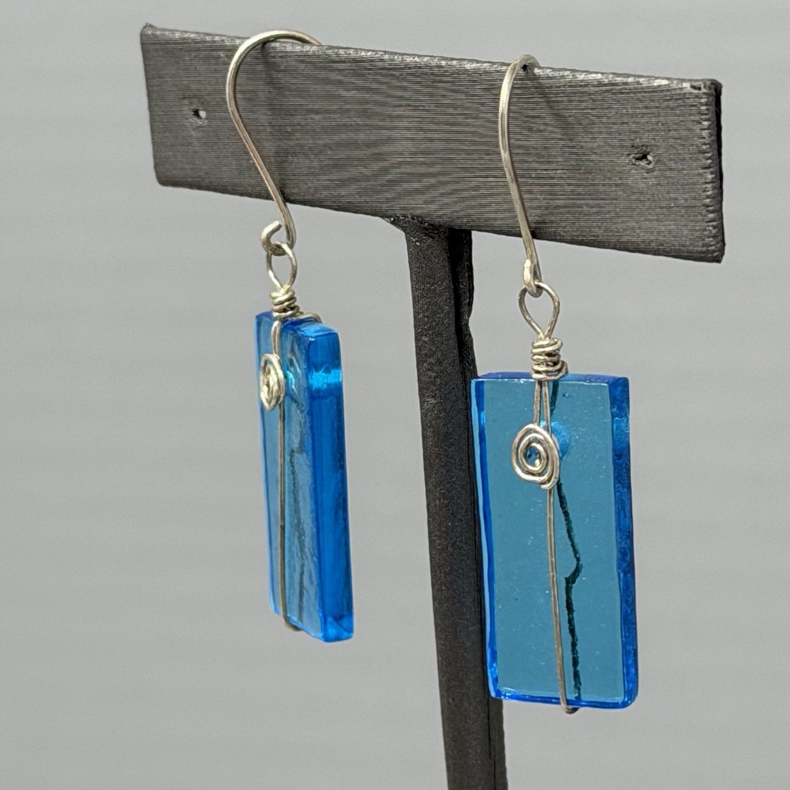 Blue Glass Bead Earrings Wire Wrapped Rectangle Dangle Drop Pierced Bohemian