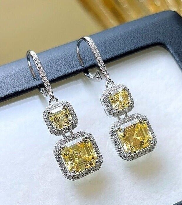Art Deco Asscher Cut Citrine Lab Created Diamond Engagement 925 Silver Earrings