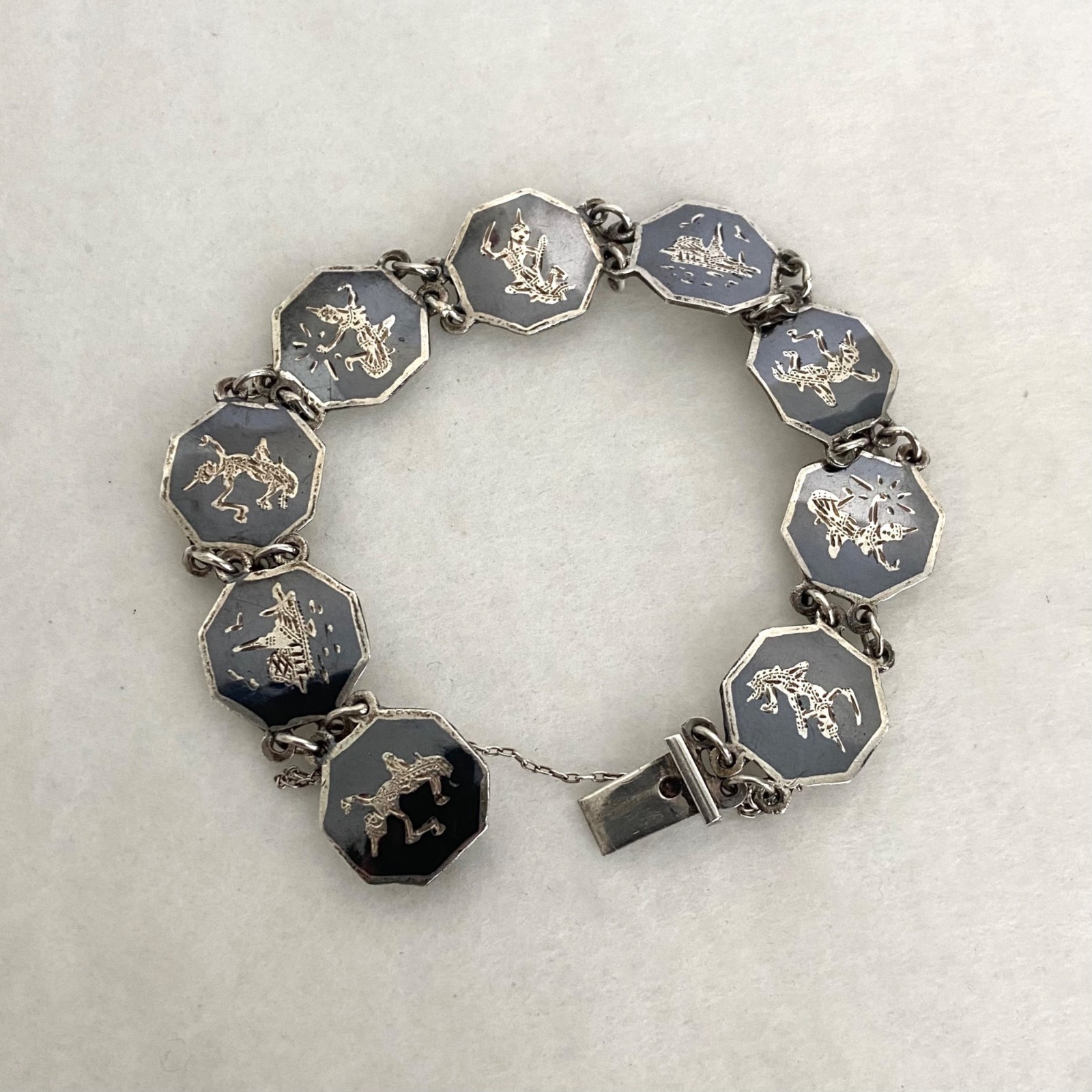 VTG Siam Sterling Silver 925 Niello Black Enamel Panel Bracelet 6.75″