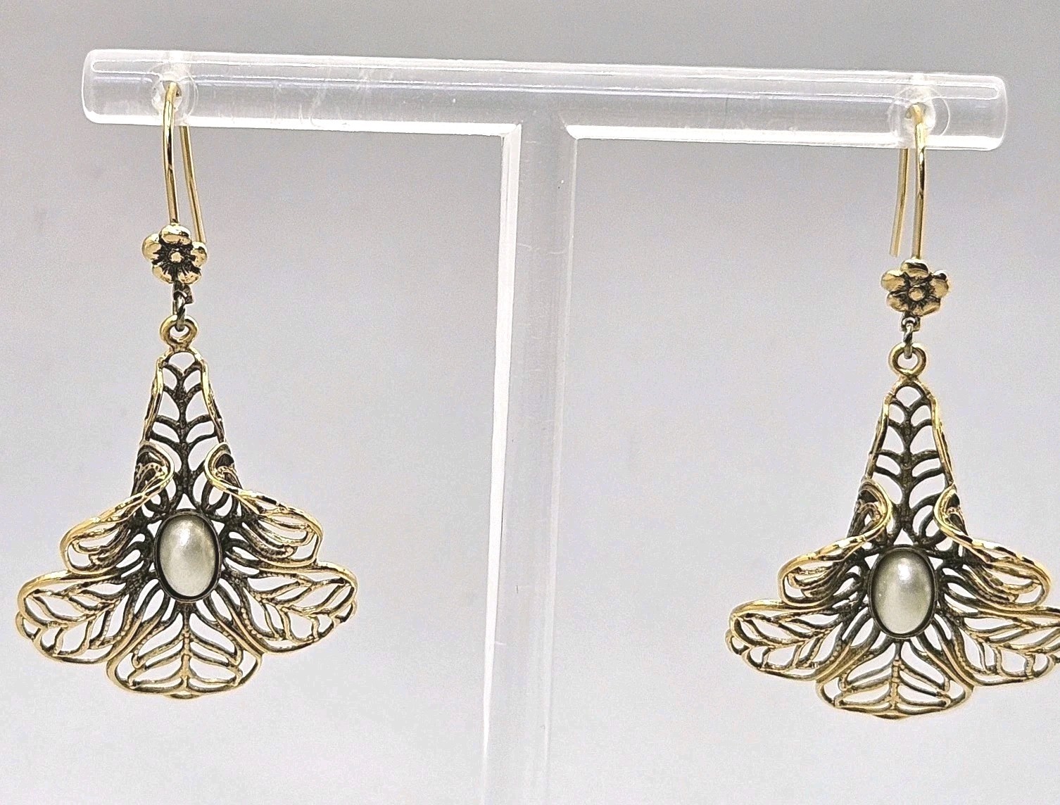 Vintage Gold Tone Filigree Faux Pearl Earrings Dangle Pierced`Hook Bell Flower