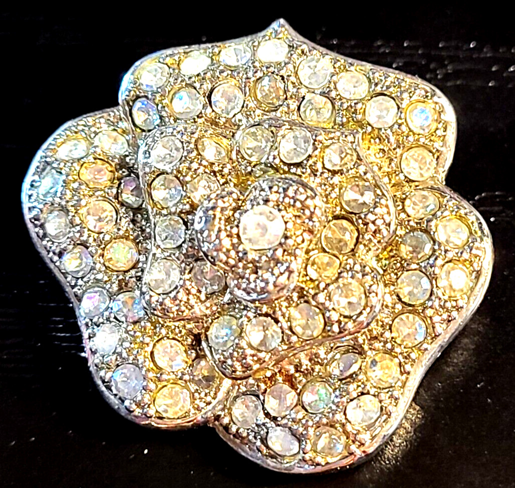 VINTAGE STUNNING AURORA BOREALIS CLEAR CRYSTAL ROSE FLORAL PIN BROOCH