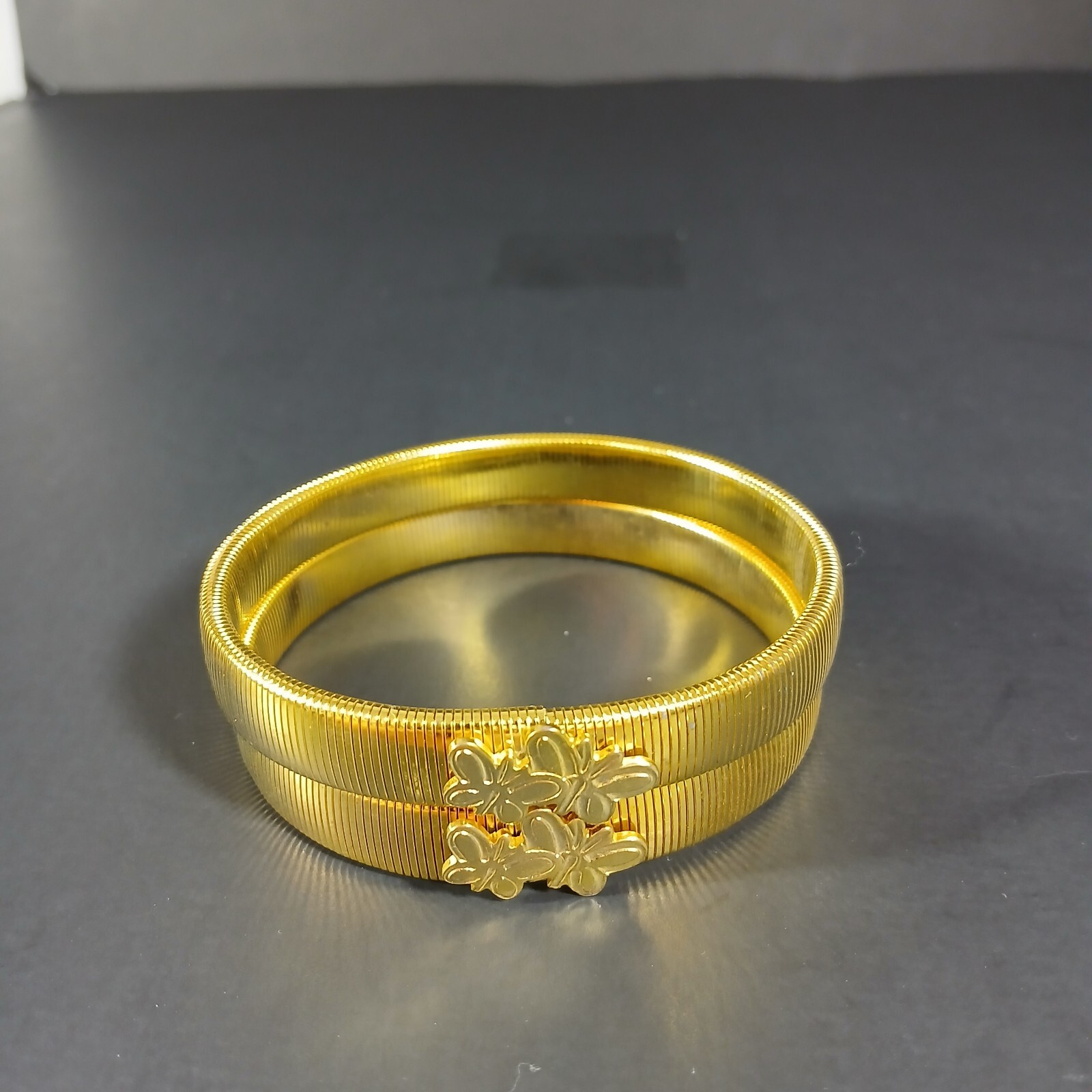 1960s Vintage Pair Cuff Rings with Butterflies Gold Tone Stretchy Statement