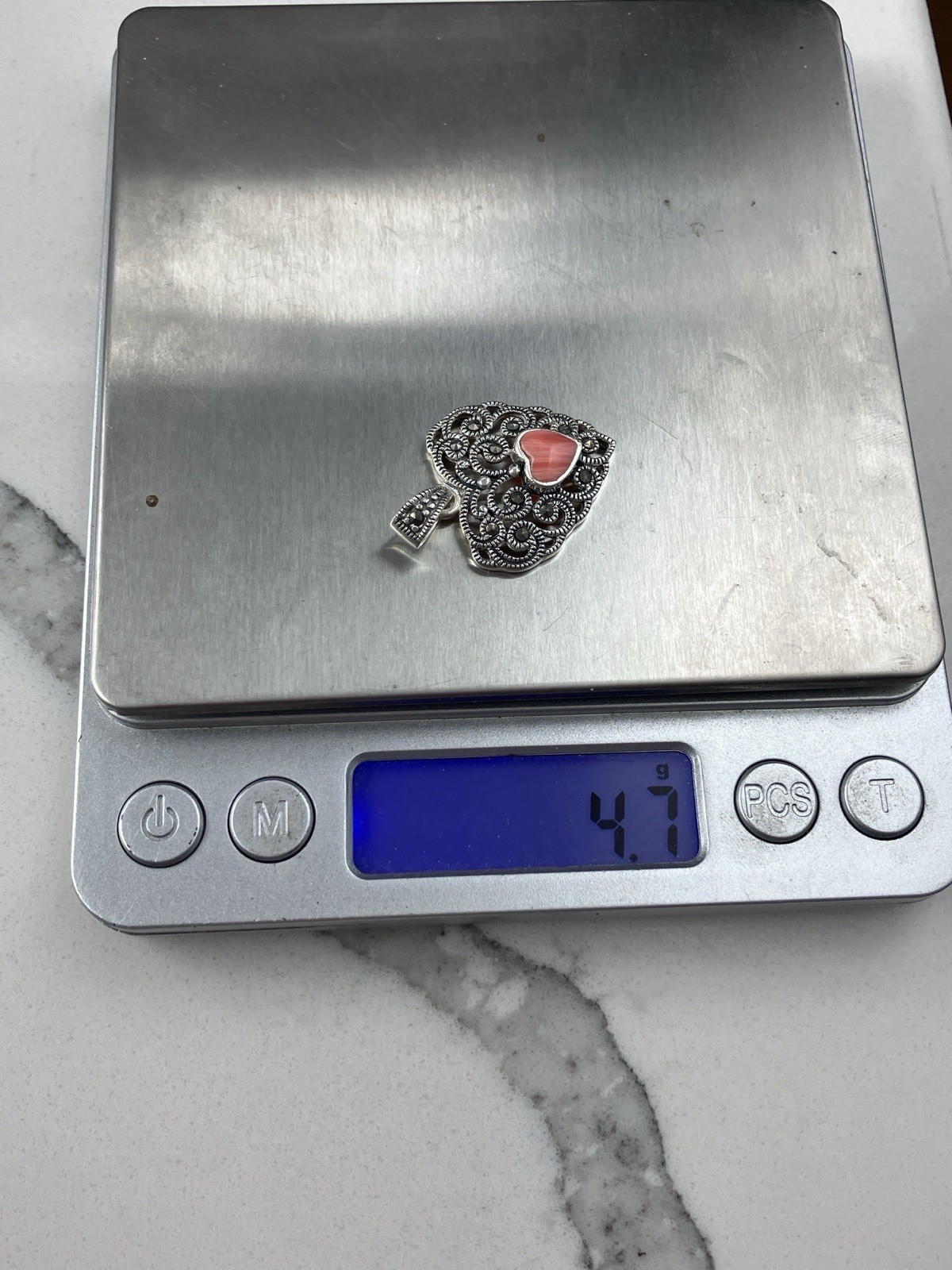 Vintage 925 Sterling Silver Pink Coral Marcasite Heart Pendant