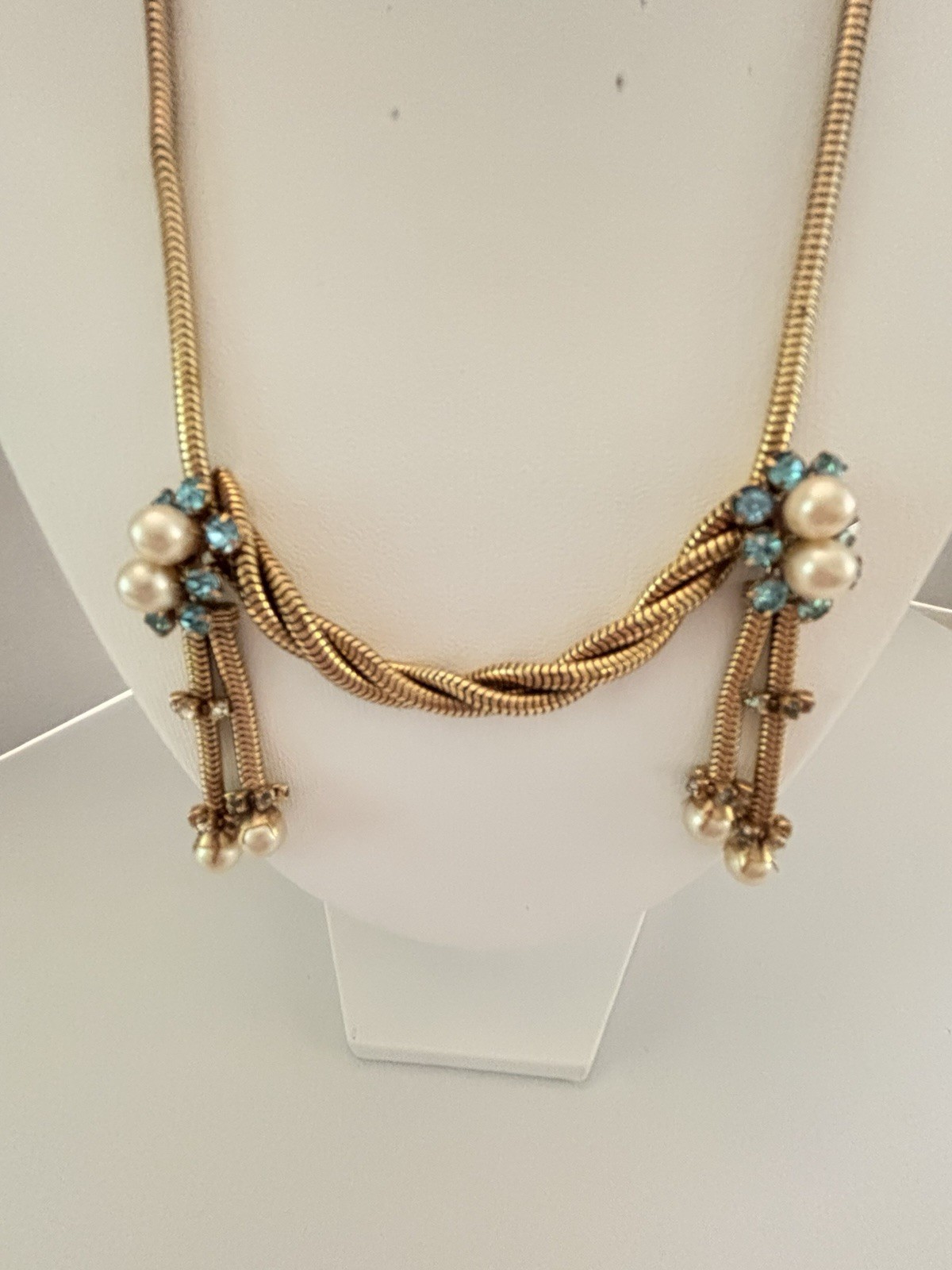 Vintage Gold Tone Festoon Snake Chain Necklace Faux Pearl Aqua Rhinestone 15”