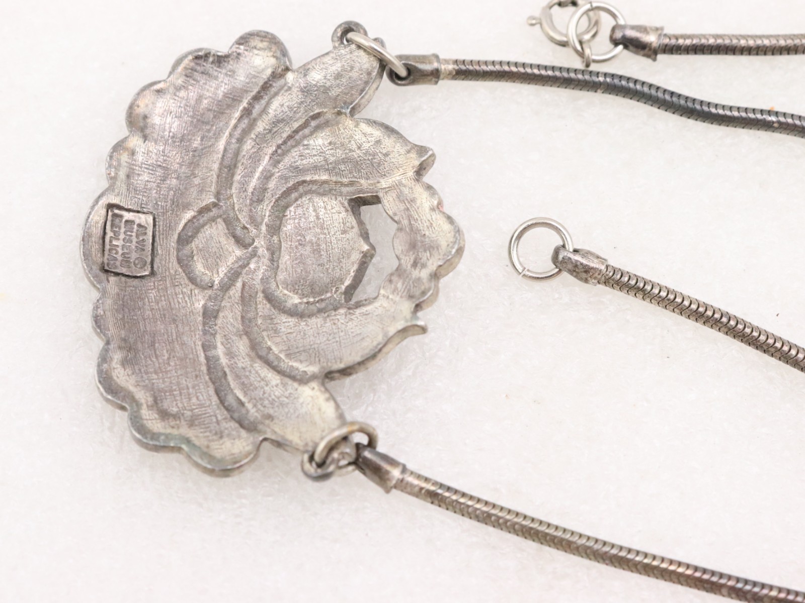 20″ Vintage Alva Museum Replicas Lotus Flower Necklace Antique Silver Tone
