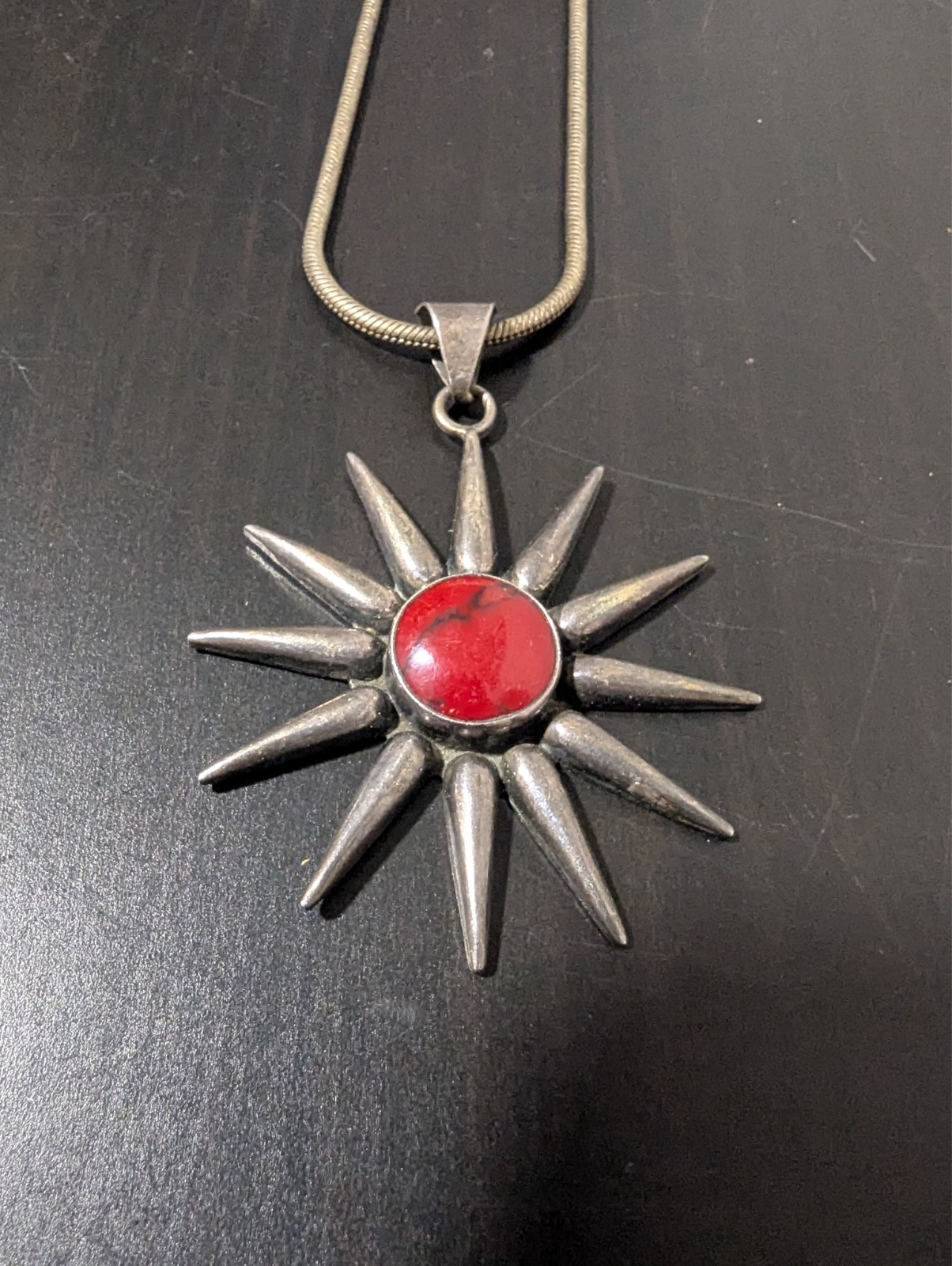 Large Southwestern 925 Sterling Silver Natural Crimson Red Sun Pendant
