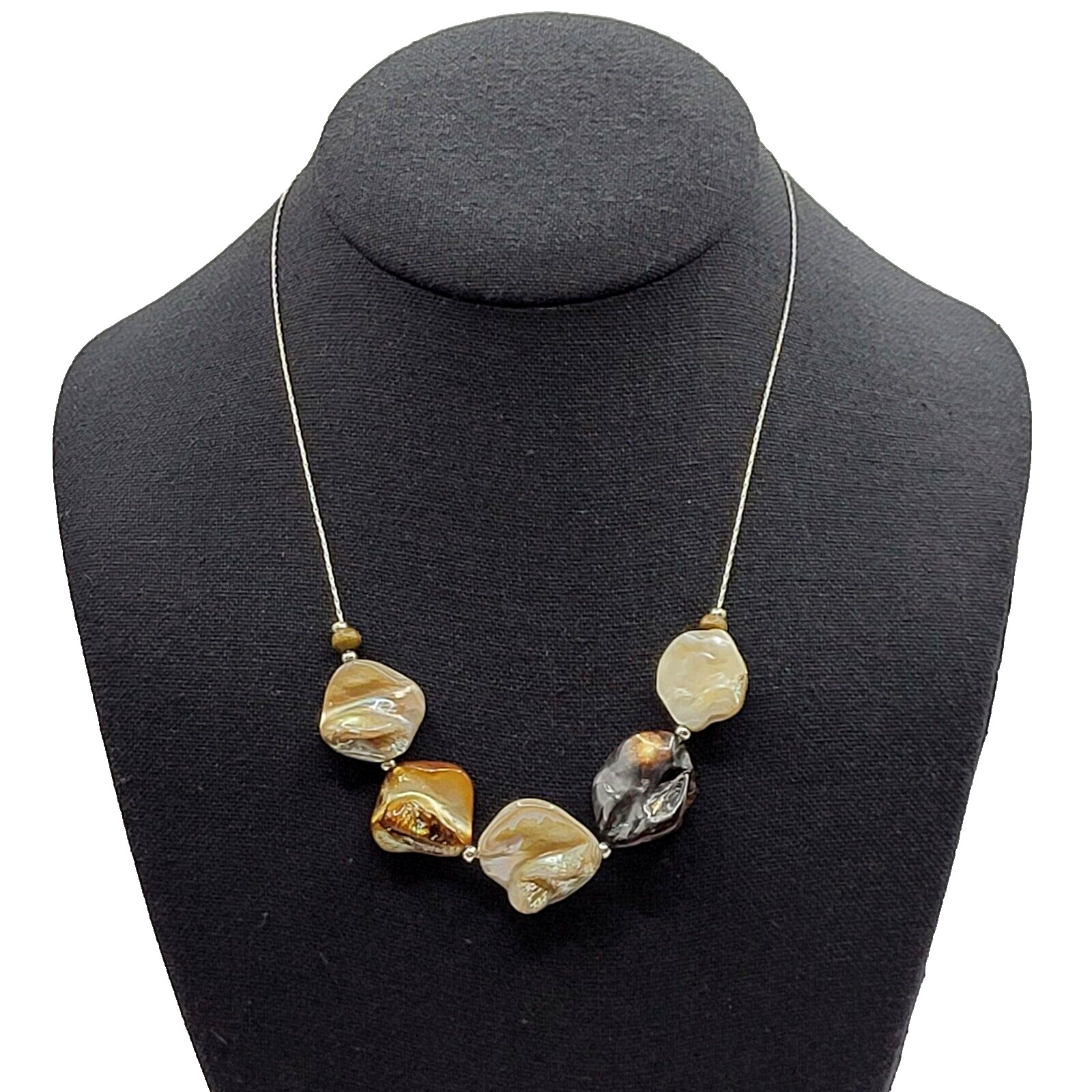 Chunky Mother of Pearl Shell Bead Neutral Color Silver Tone Chain Vtg Necklace