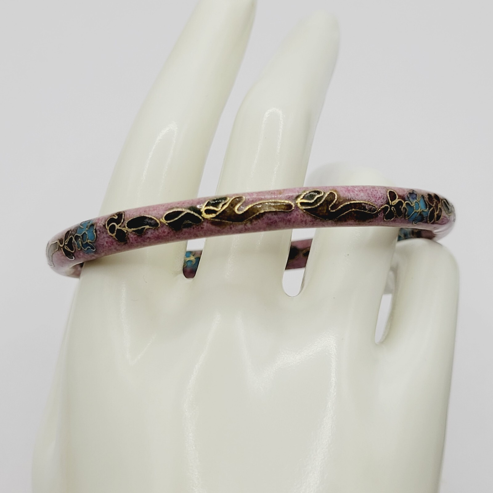 Cloisonné Asian Inspired Rose Mauve Color Floral Hand Painted Bangle Bracelet