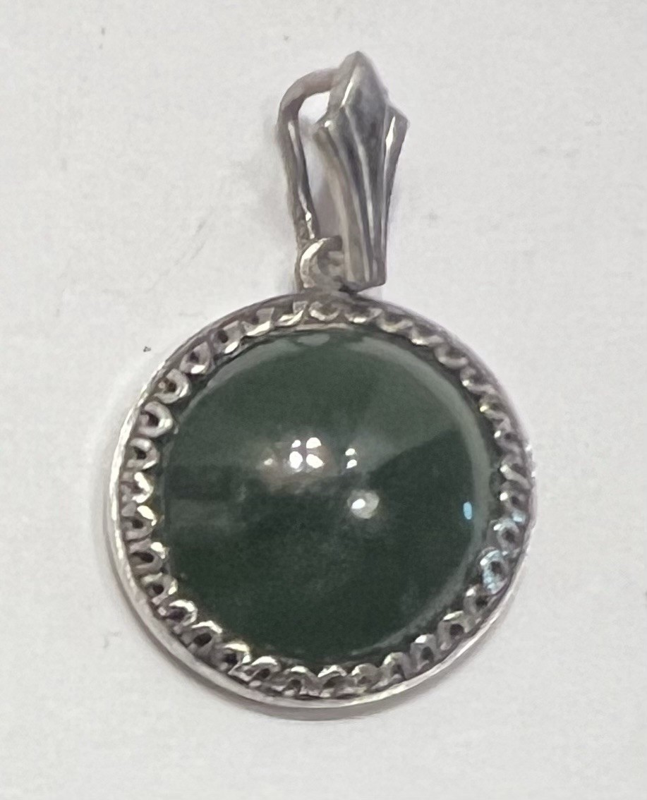Antique Russian Green Jade Stone Pendant Silver 875 USSR.