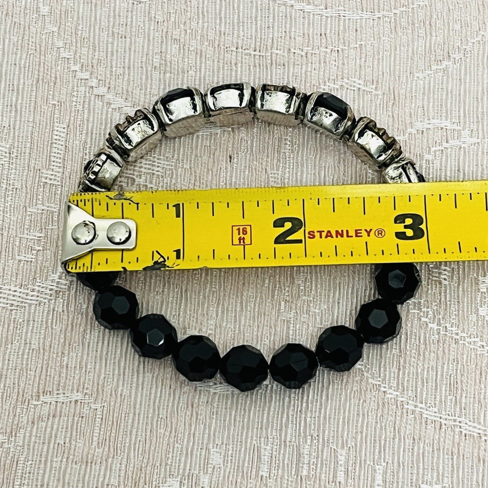 NRT Avon Black Mix Stack Bead Stretch Silver tone Crystals 7″ Floral Whimsy Goth